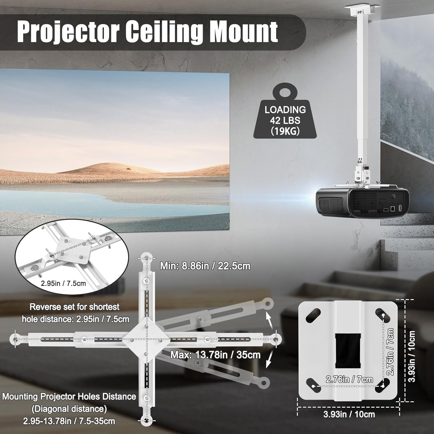 2-Be-Best Long Projector Mount 25-39"/ 63-100CM Adjustable Projector Ceiling Mount Capacity 42 LBS / 19KG, Projectors Mount, Drop Ceiling Projectors Mounts Upgraded White 25-39IN White