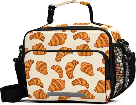 Croissants Lunch Box for Girls Boys Insulated Lunch Bag Kids Lunchbox Reusable with Shoulder Strap Cooler Tote for Picnic Daycare School