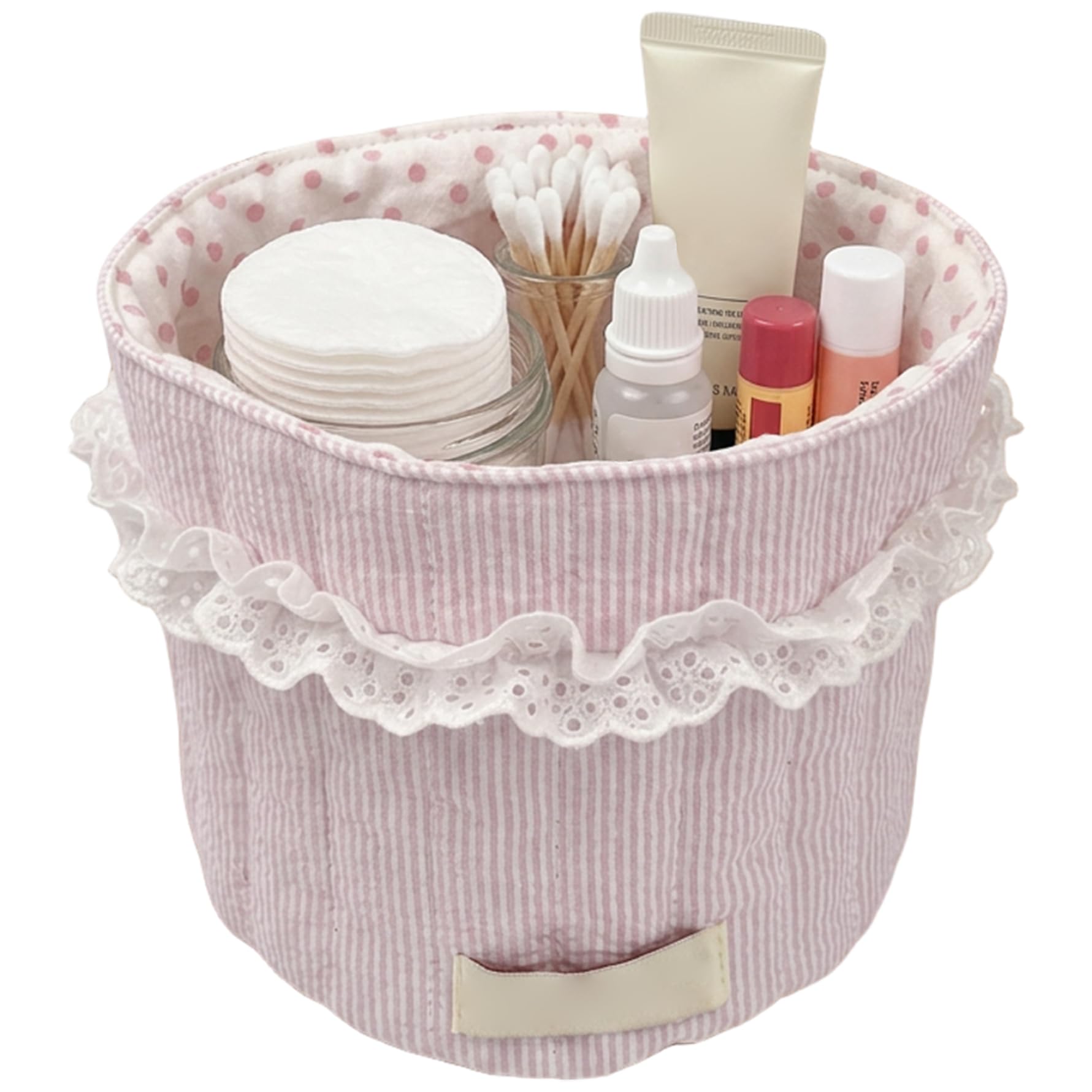 Handmade Quilted Storage Basket with Lace Cute Makeup Basket for Desk Organizer Decorative Cotton Bin for Toiletries Snacks Small Items Multicolor, Quilted Storage