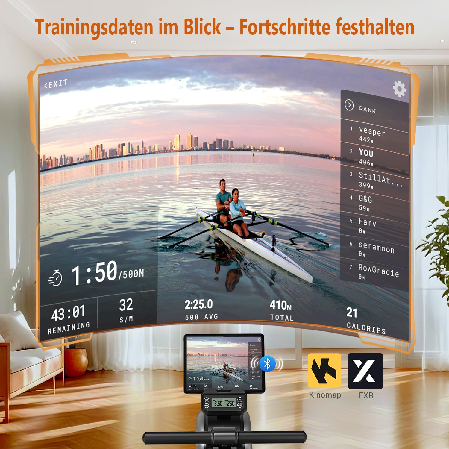 Rudergerät für Zuhause, DMASUN Leises Magnetisches Rudergerät mit 16 Widerstandsstufen, Upgrade Doppel-Slide-Rails, APP-Verbindung, LCD-Datenanzeige, ideal für Cardio-Training, Belastbar bis 160kg