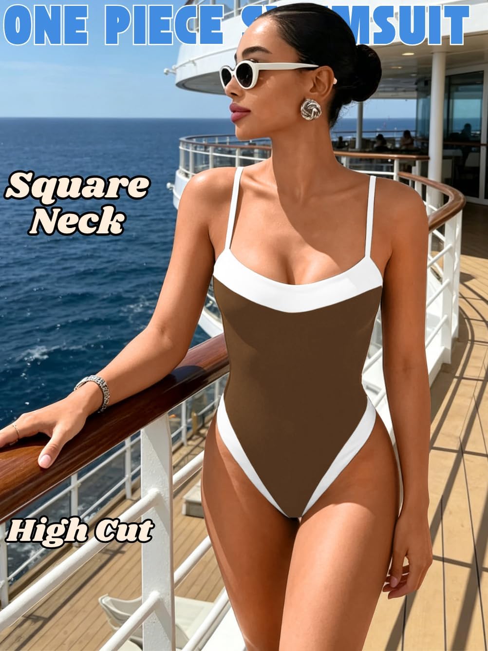 ChiaoLezhee Sexy Color Block Swimsuit, Cutout Back, Beach Vacation, High Leg Cut One Piece Cheeky Backless Bathing Suit