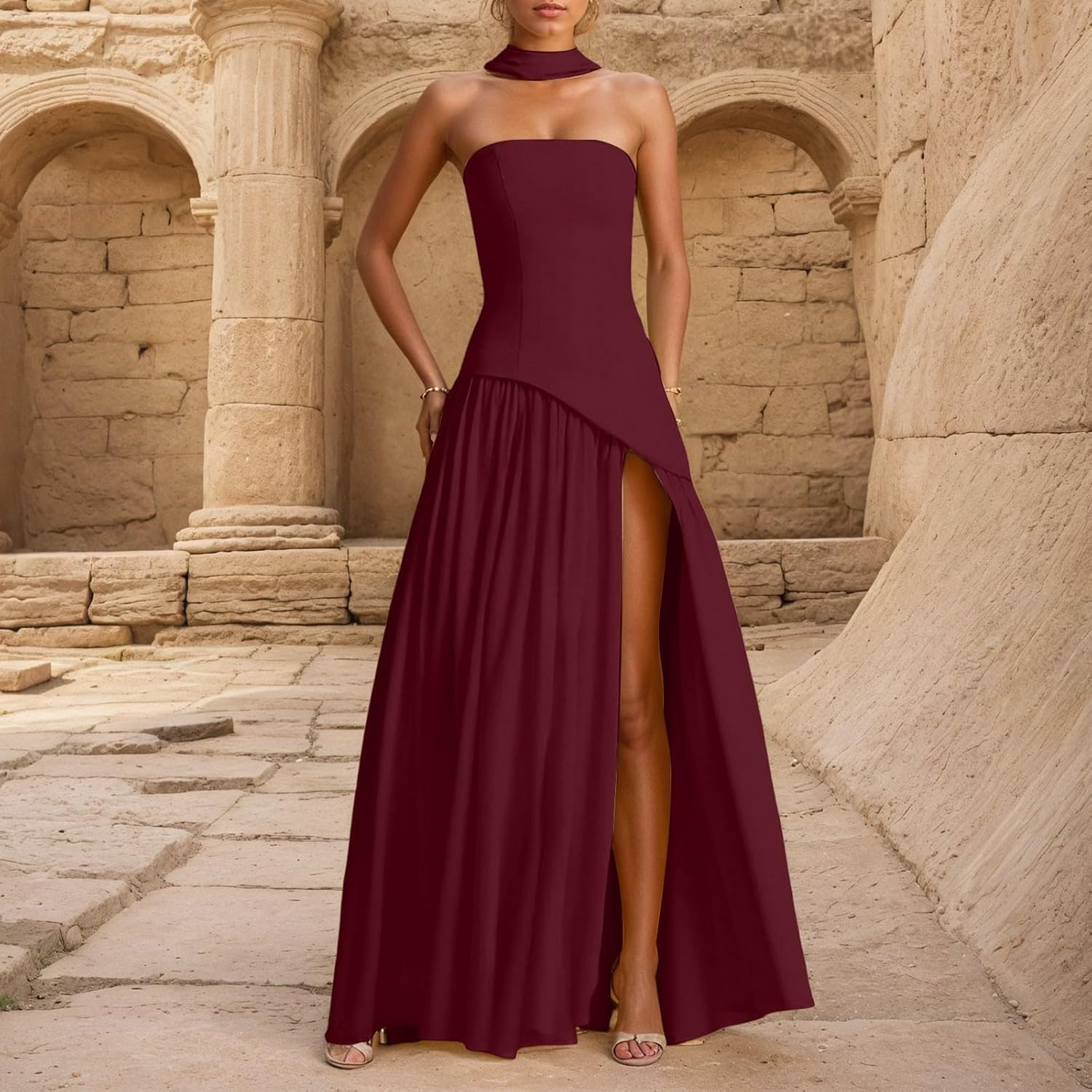 Maxi Dresses for Women Strapless High Slit Tube Dress Flowy A Line Cocktail Evening Party Wedding Guest Dress