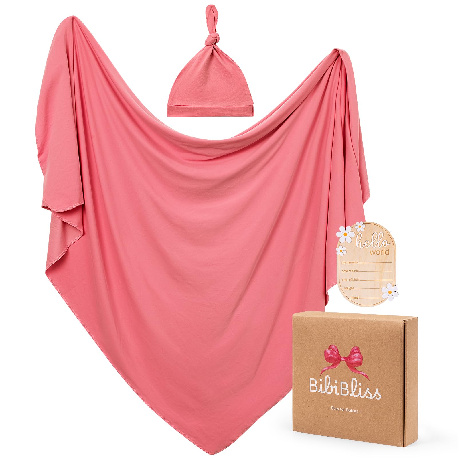 Stretchy Swaddle Blanket for Newborns with Hat &amp; Hello World Card–Soft Baby Swaddles 0-3 Months,47"x 47"Supersoft Swaddle Blanket,Receiving Blanket for Boys &amp; Girls (Apple Blossom)