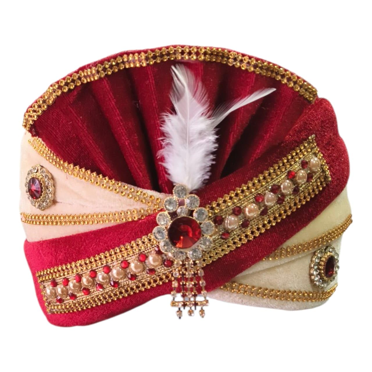 LAXMI Creations Traditional Wedding Pagdi for Men, Red and Gold with Crystal Embellishments, White Feather, Silk Blend, One Size-image-6
