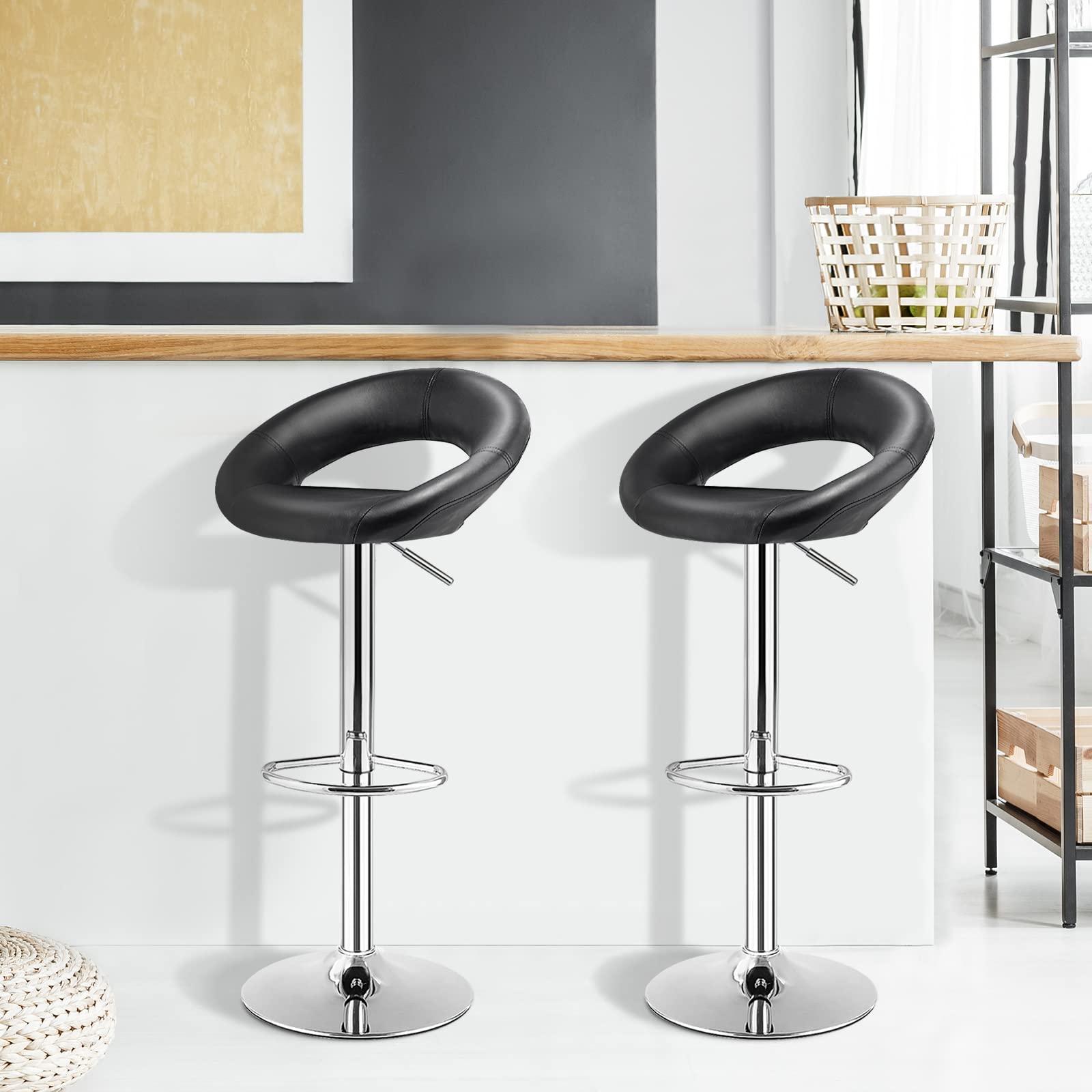 HOMASIS Lot de 2 Tabouret de Bar Pivotants 360°, Chaise Haute Cuisine en Cuir Synthétique, avec Repose-Pieds en Métal Robuste, pour Bar, Café, Maison, Salle à Manger (Noir HOMASIS Lot de 2 Tabouret de Bar Pivotants 360°, Chaise Haute Cuisine en Cuir Synthétique, avec Repose-Pieds en Métal Robuste, pour Bar, Café, Maison, Salle à Manger (Noir