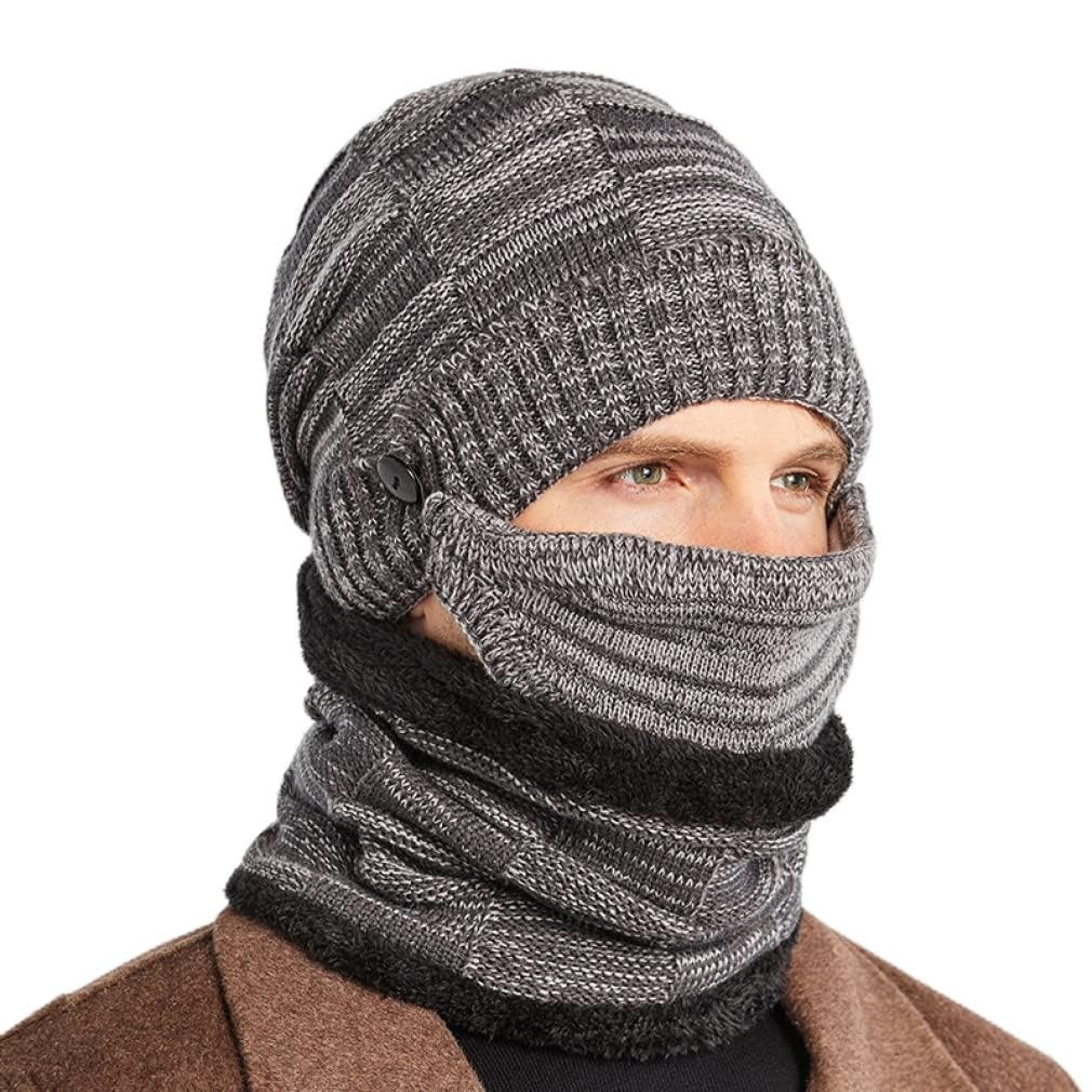 Dreiteilige Mütze, Schal, Maske, Herren Herbst und Winter All-Match warme Strickmütze Plus Verdickung Radfahren