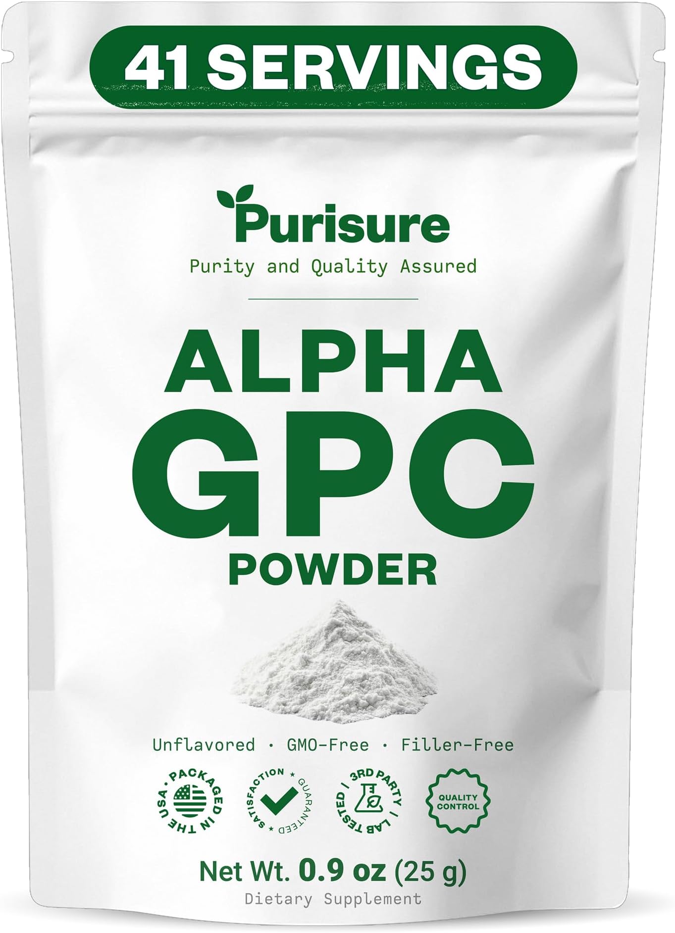 Purisure Alpha GPC Powder, 25 g, Pure Alpha GPC Choline Supplement for Brain and Focus, CDP Choline Supplements for Memory Performance & Concentration, No Fillers, Non-GMO, Offers 41 Servings