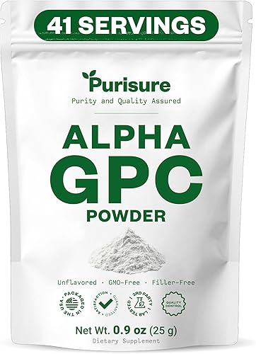 Purisure Alpha GPC en polvo, 0.88 oz, suplemento de colina pura Alpha GPC para cerebro y enfoque, suplementos de colina CDP para rendimiento y