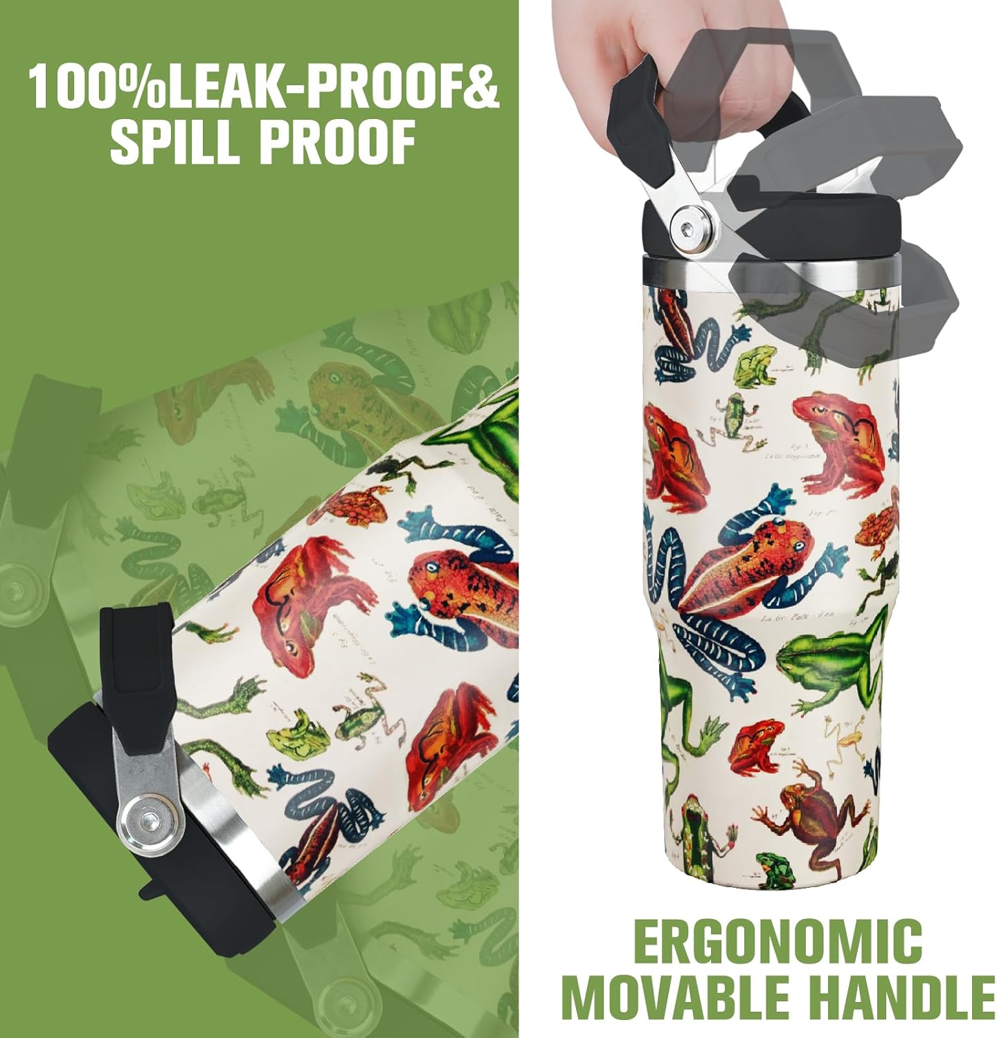 30oz Frog Flip Straw Tumbler, Insulated Coffee Travel Mug with Handle and Straw, 30oz Frog Water Bottle Gifts for Women and Girls - Image 2