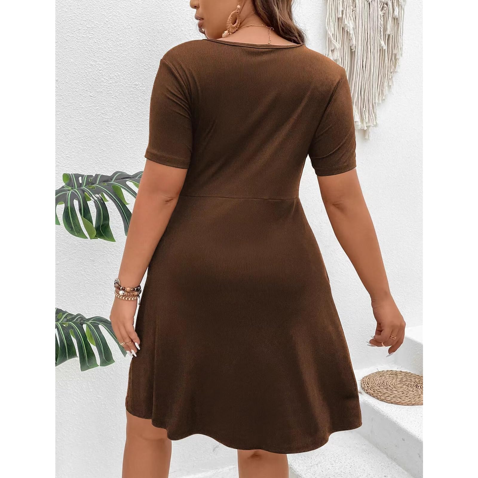 Vestidos de Camiseta de Cuello V de Manga Corta Casual de Gran Tamaño para Mujeres Vestidos de Mujer de Gran Tamaño en Verano, HUTALIM, Marrón oscuro, XL