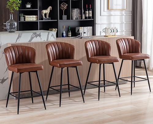 Miniatura 8 de EALSON Juego de 2 taburetes de bar modernos con respaldo tapizado de cuero con reposapiés de metal, cómodas sillas de isla para mostrador de cocina,