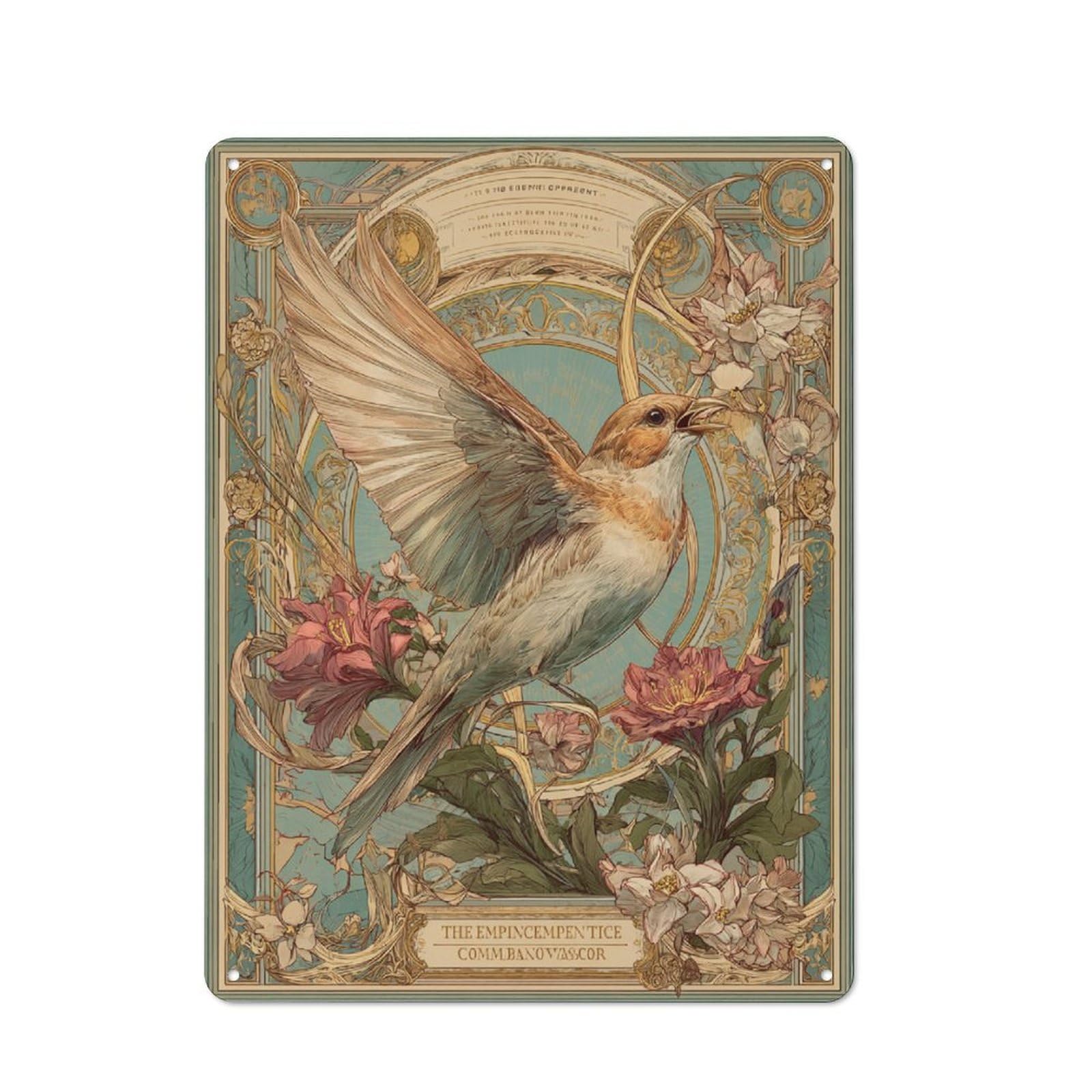 Junmoney Art Nouveau Bird Illustration Vintage Printed Metal Sign 40X30cm For Workshop Wall, A Decorative Gift For A Newly Furnished Workshop