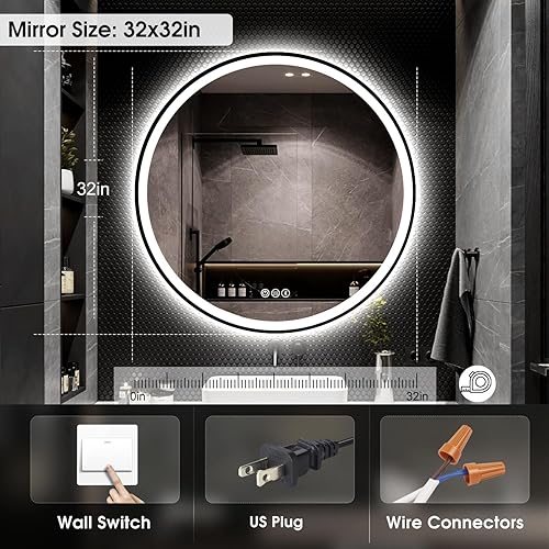 Miniatura 8 de Espejo de baño redondo LED con luces y Bluetooth, espejo de tocador montado en la pared sin marco de 32 pulgadas con 3 colores, regulable continuo,