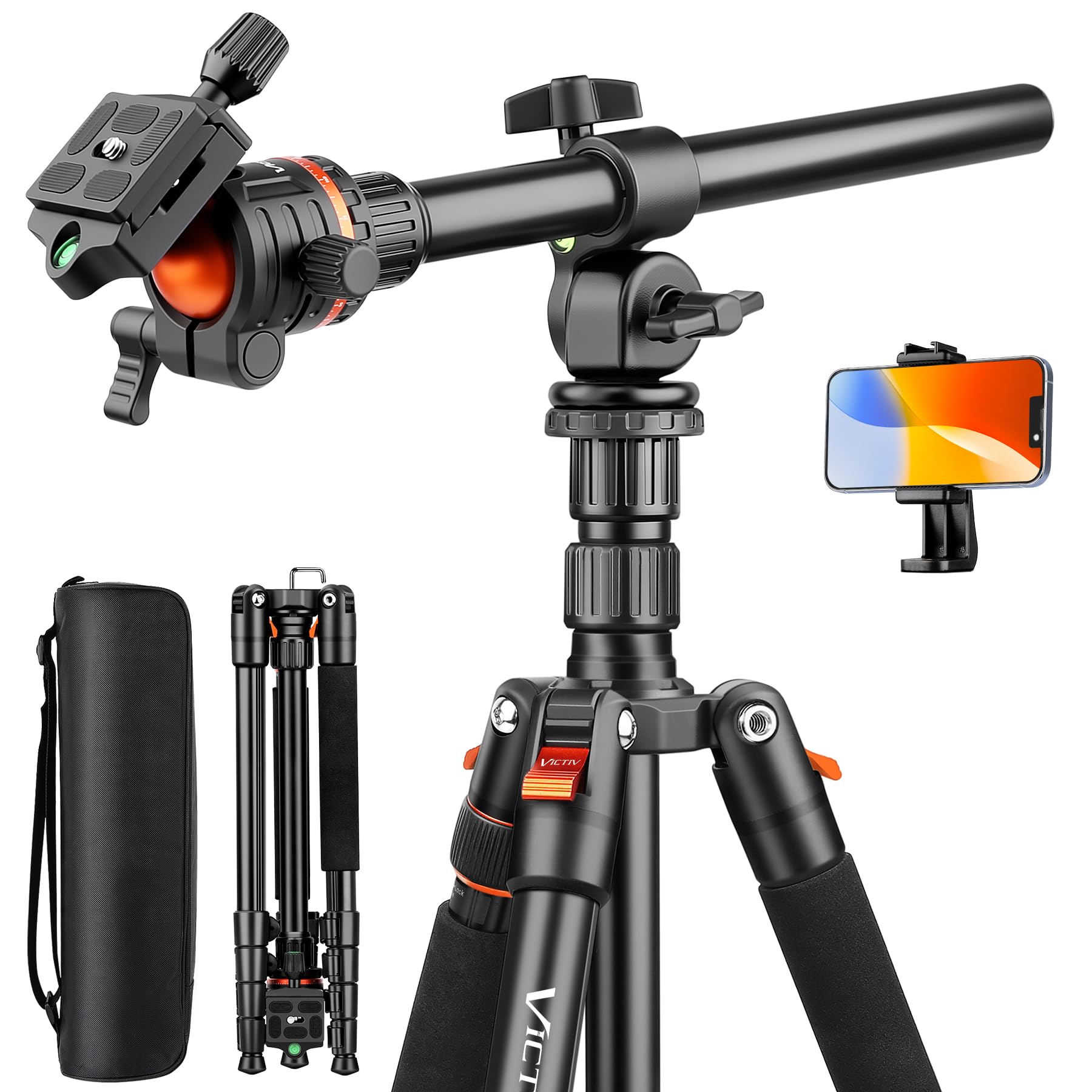 Victiv 259cm Treppiede Fotocamera e Smartphone, Cavalletto Fotografico in Alluminio con Braccio Orizzontale, Treppiedi Reflex da Viaggio Per Sony Canon Nikon, Carico Massimo 8 Kg