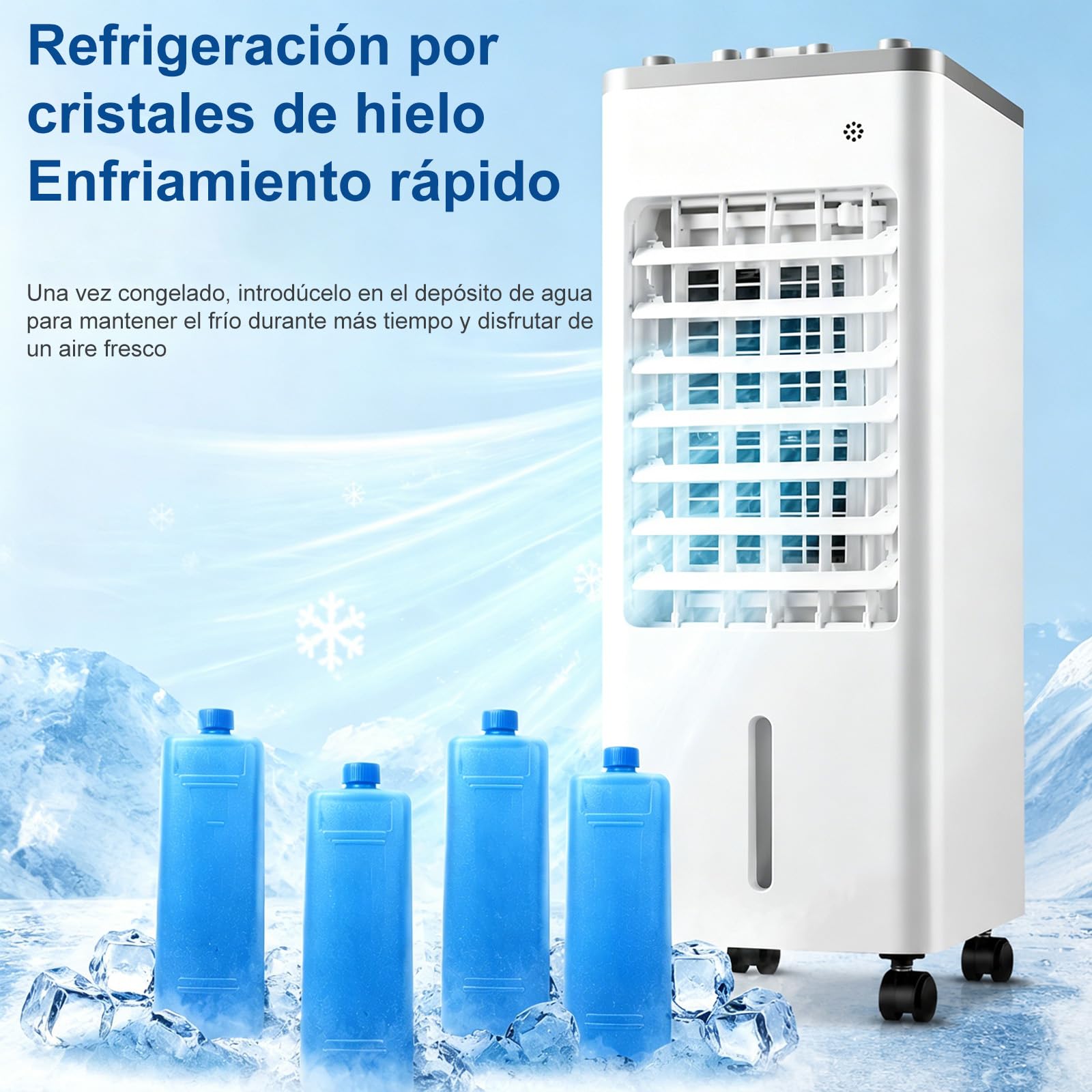 Climatizador Portátil Evaporativo,Oscilación 90°,3 Velocidades y Modo Sueño | Enfriador de Aire con Cristales de Hielo 75W Bajo Consumo, Depósito 4,1-6L,con Mando a Distancia y Ruedas para Hogar Oficina