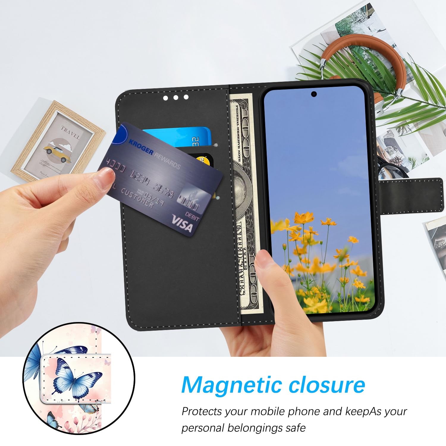 Custodia A Portafoglio JIUNINE Con Farfalle 3D Per Redmi Note 14 5G / Poco M7 Pro 5G - Pelle PU, Slot Carte, Chiusura Magnetica, Blu