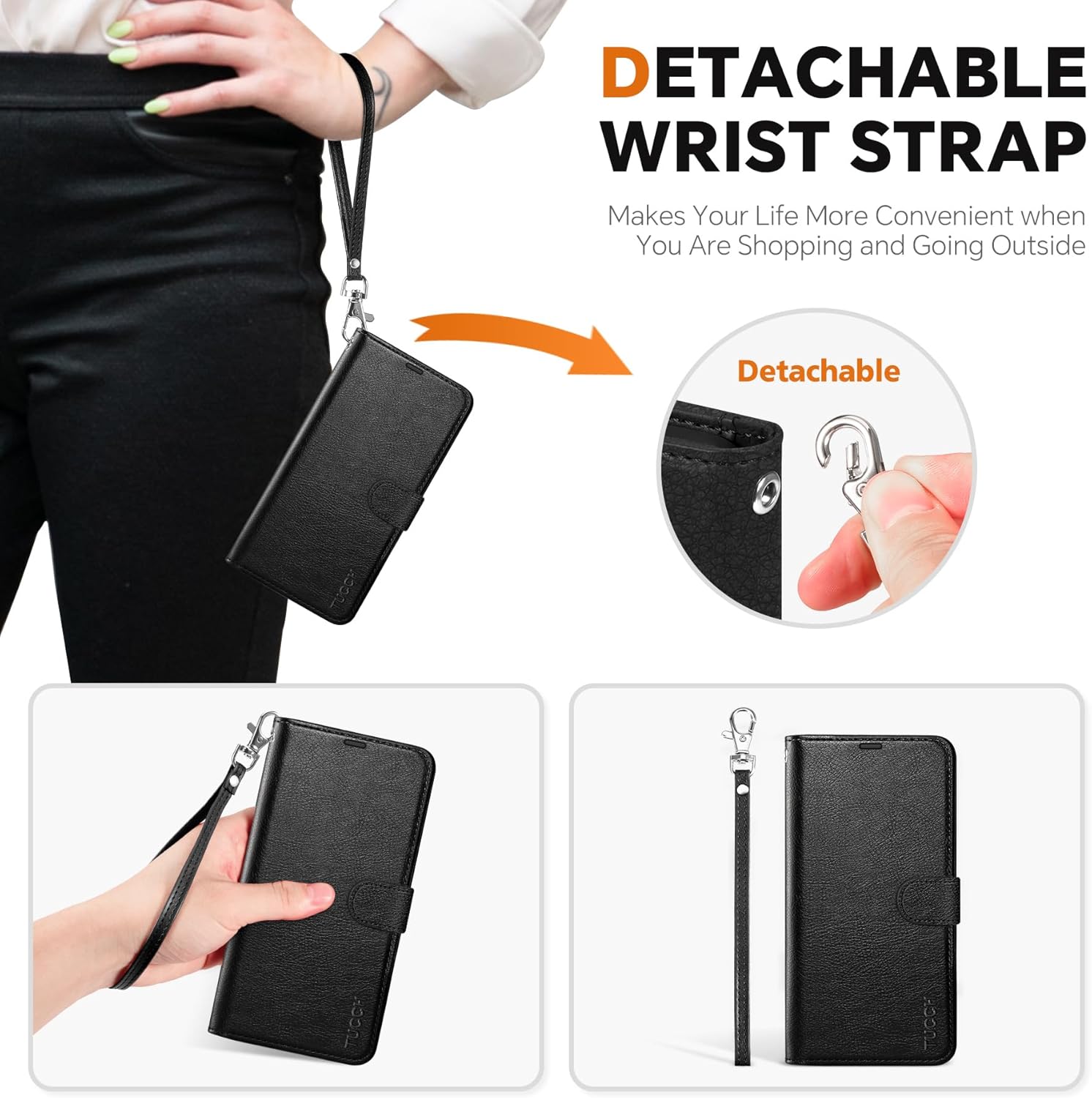 TUCCH Wallet Case for Galaxy S25, [Removable] 2 in 1 [Wireless Charging] Wrist Strap RFID Blocking [4 Card Holders] PU Leather Cover, Magnetic Detachable Stand Folio for Galaxy S25, Textured Black