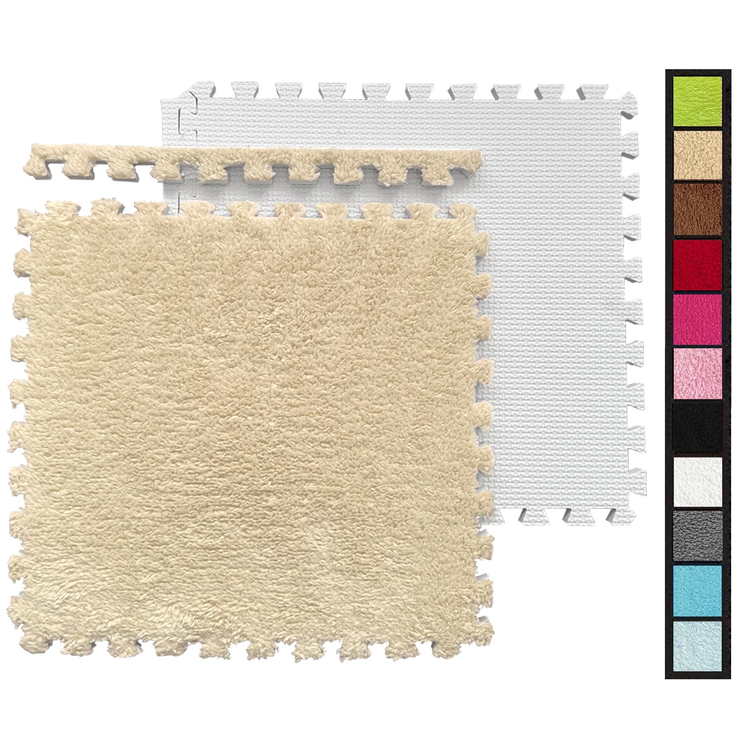 16 Pcs Shaggy Interlocking Foam Carpet Tiles - 12" x 12", 16 Sq,Ft Kids Carpet Squares Protective Floor Mats Crawling Exercise Area Rugs for Children Room, Home or Classroom Use, Khaki