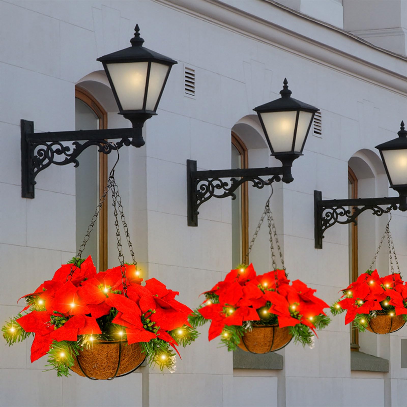 Festive LED Artificial Poinsettia Floral Arrangement Hanging Basket Red Flowers For Home Christmas Decoration Red Flowers For Christmas Decor