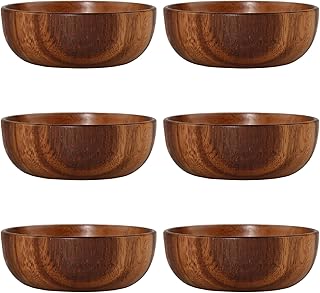 Toyosport 6 Pcs Small Japanese Acacia Wooden Bowls Set, Rustic Style, 1 Litre Capacity, Perfect for Home Use