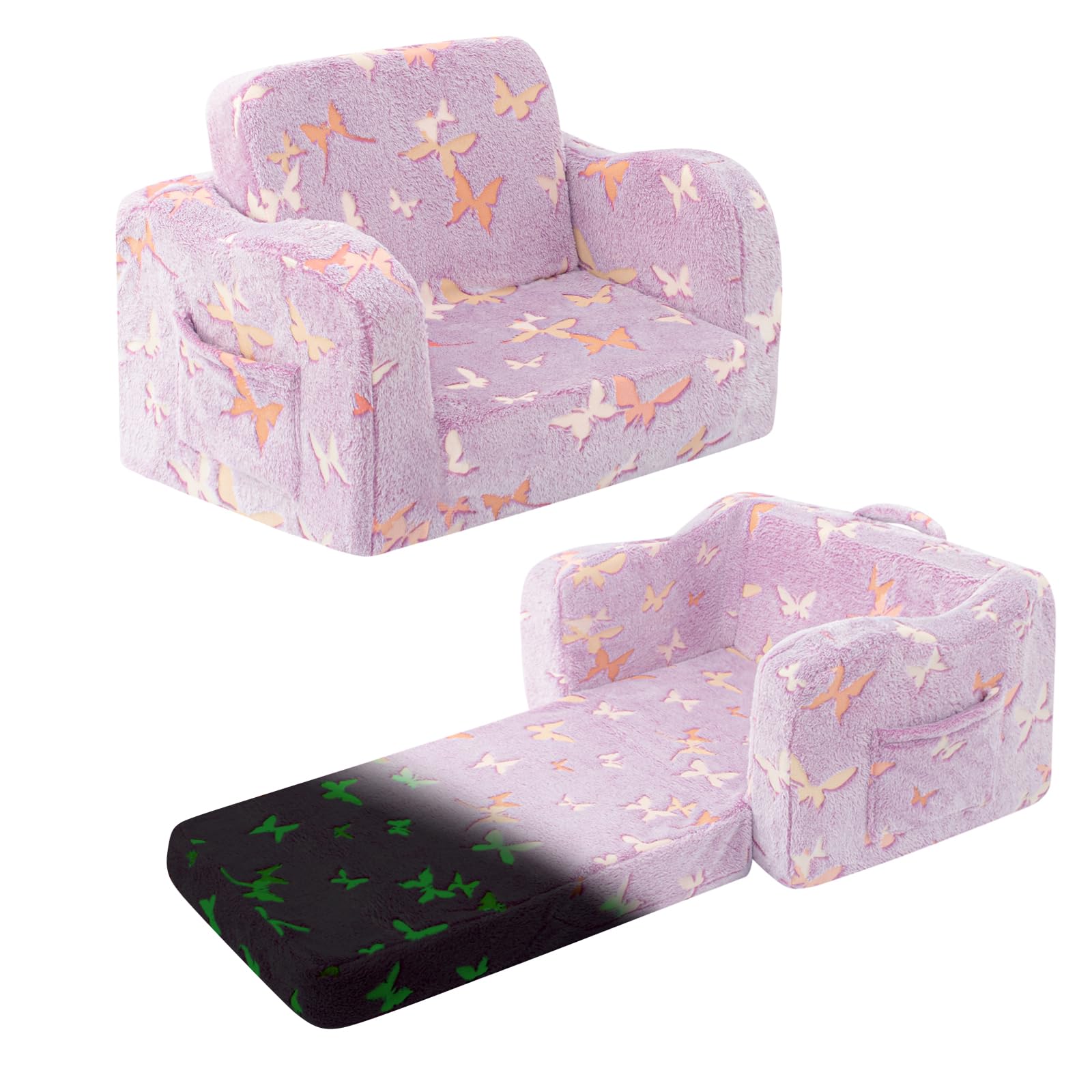 Silla para niños pequeños, sofá plegable 2 en 1, sillas convertibles para niños pequeños, cómodo sofá a tumbona con función que brilla en la oscuridad, suave para niñas y niños, mariposa