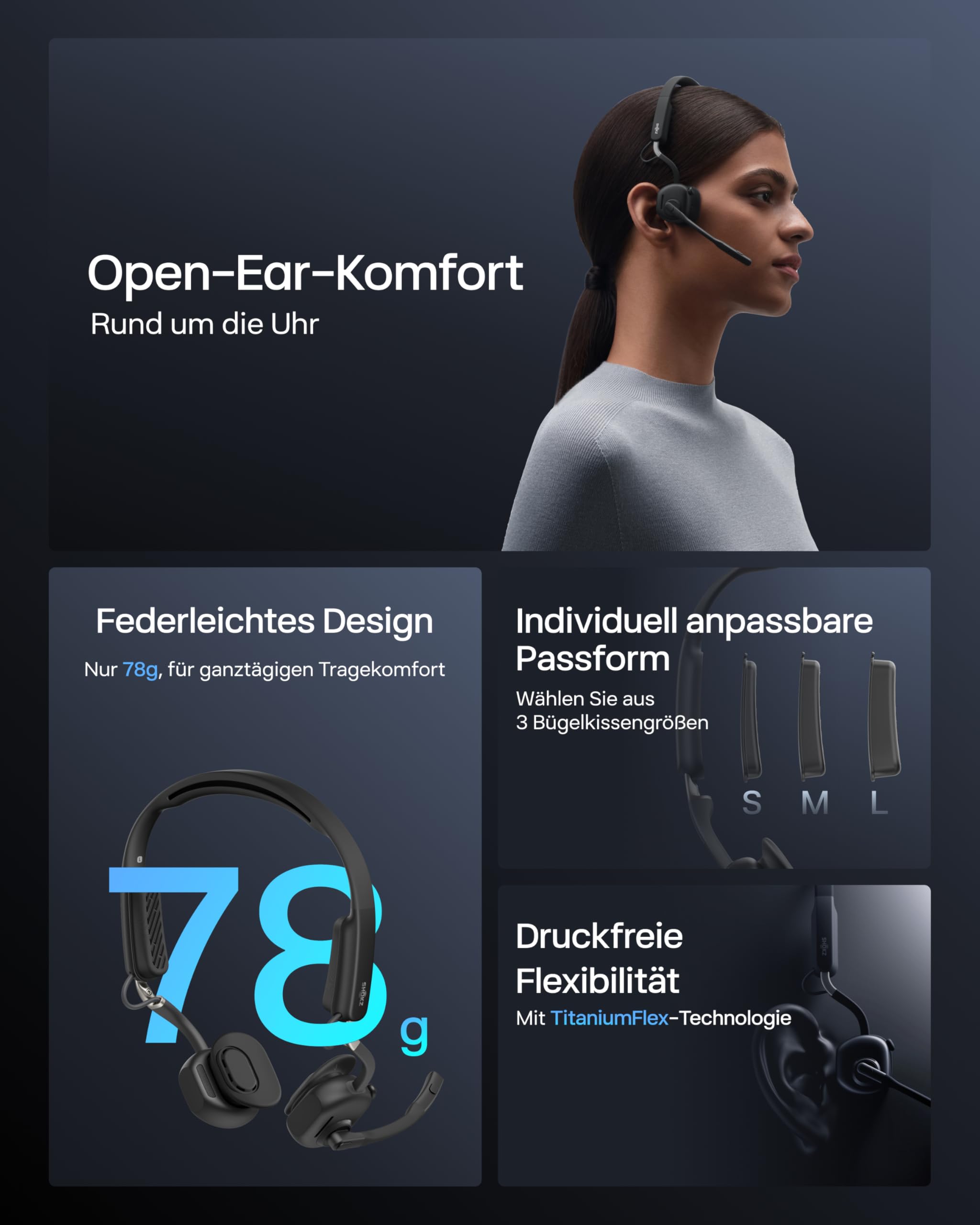SHOKZ OpenMeet Open-Ear-Headset mit 2 Mikrofonen | Bluetooth 5.4, 15 Std. Akku, Noise-Cancelling-Mikrofone, Schnellladung, Arbeit, Anrufe und Meetings