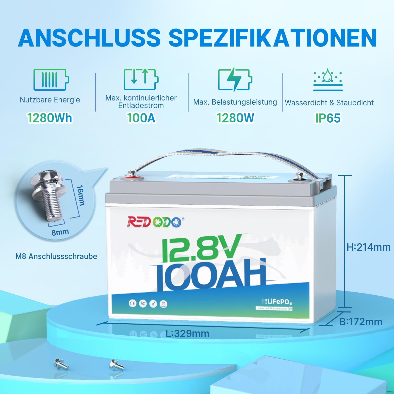 Redodo Akumulator litowy LiFePO4 12 V, 100 Ah, akumulator litowy 1280 Wh wbudowany w BMS 100 A, do 15000 cykli, 10 lat żywotności, idealny jako prąd awaryjny do samochodów kempingowych, Off Grid,