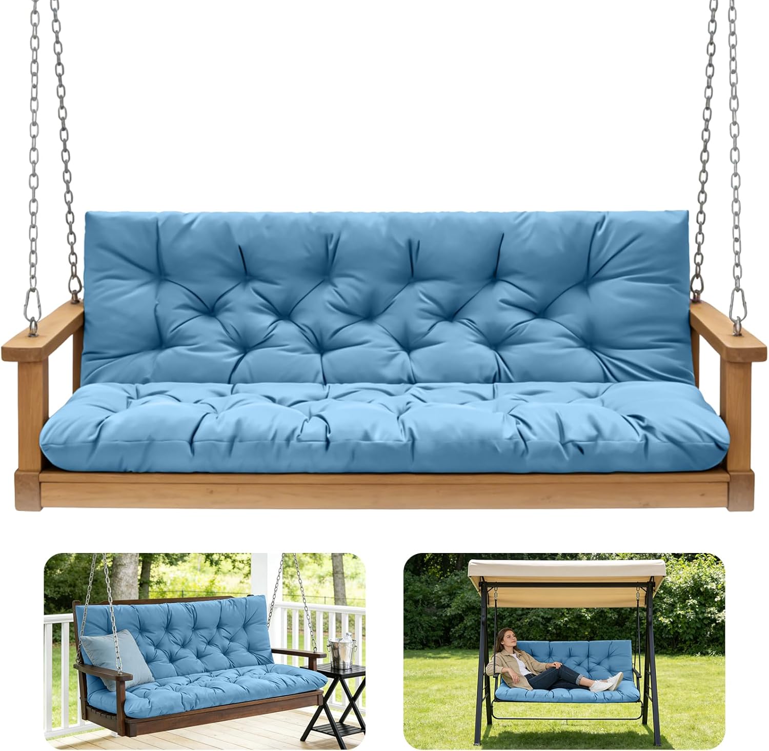 Porch Swing Cushions,Outdoor Cushions 3 Seater Replacement with Backrest, Waterproof Thickened Bench Cushion with Ties for Porch, Patio,Outdoor, Backyard and Garden (Sky Blue 60 * 40 in)