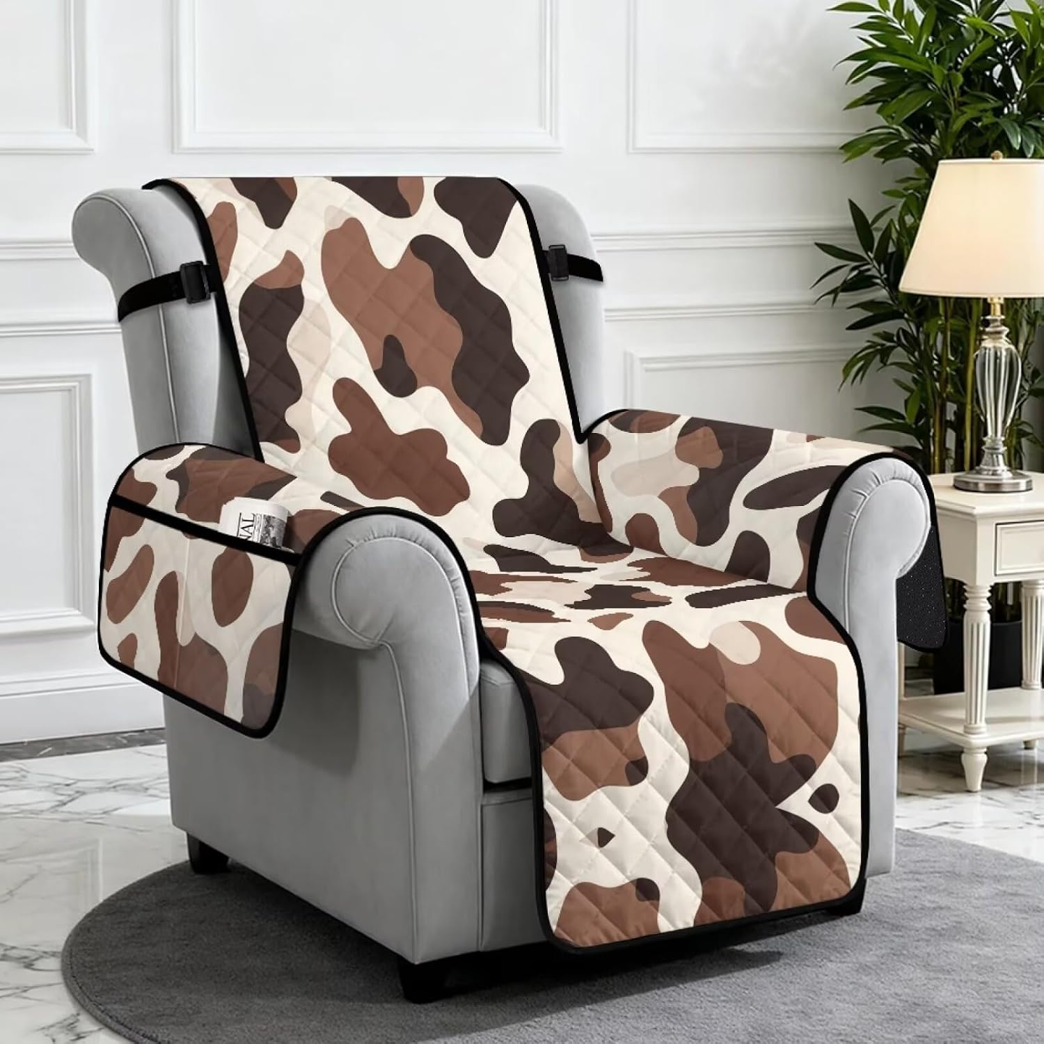 Brown Cow Pattern Recliner Chair Cover Non Slip Chair Covers for Reclining Chairs with Pocket Washable Reclining Chair Cover Stay in Place Furniture Protector for Pets