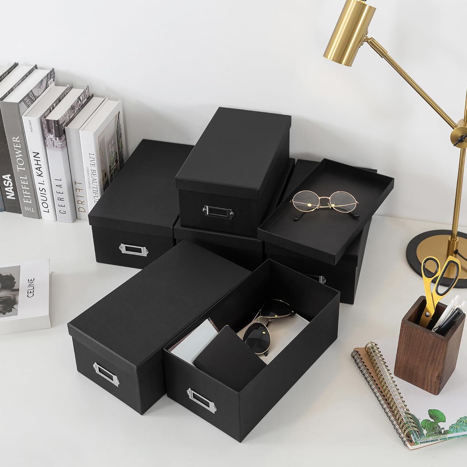 Soul & Lane Black Storage Boxes - Set of 6 (3 Large, 3 Medium), Keepsake Memory Storage Boxes with Lids, Cardboard Organizers with Label Holders for Photos, Crafts, Collectibles