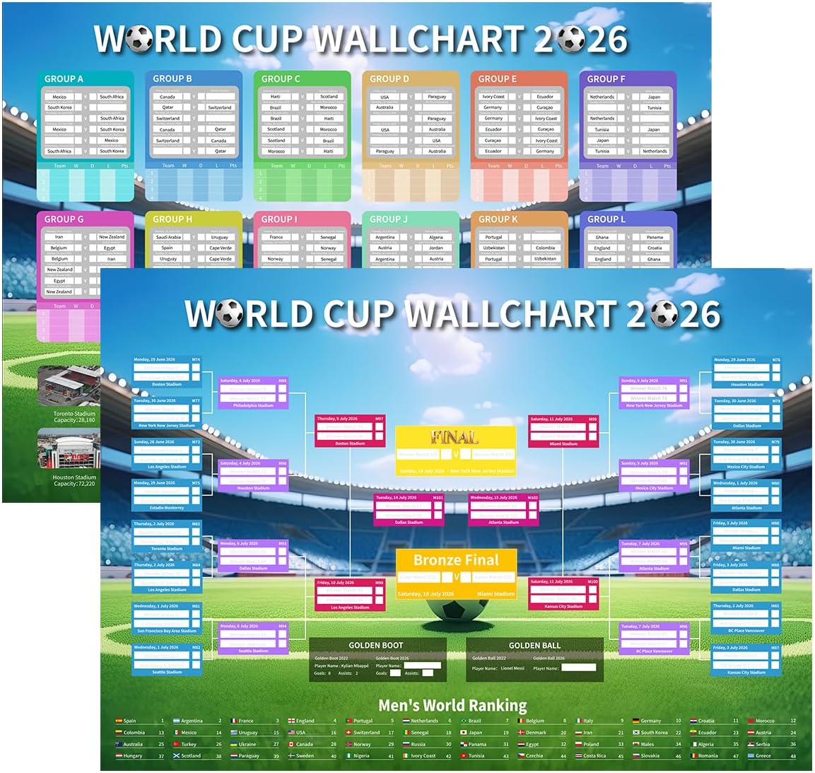 YOFANUP World Cup Schedule 2026 Poster, 2 Pcs Match Schedule, World Cup Merchandise 2026, Soccer Party Decorations, Office Home Football Poster, 23.6x33 inches, Great Gifts for Soccer Fans (A1)