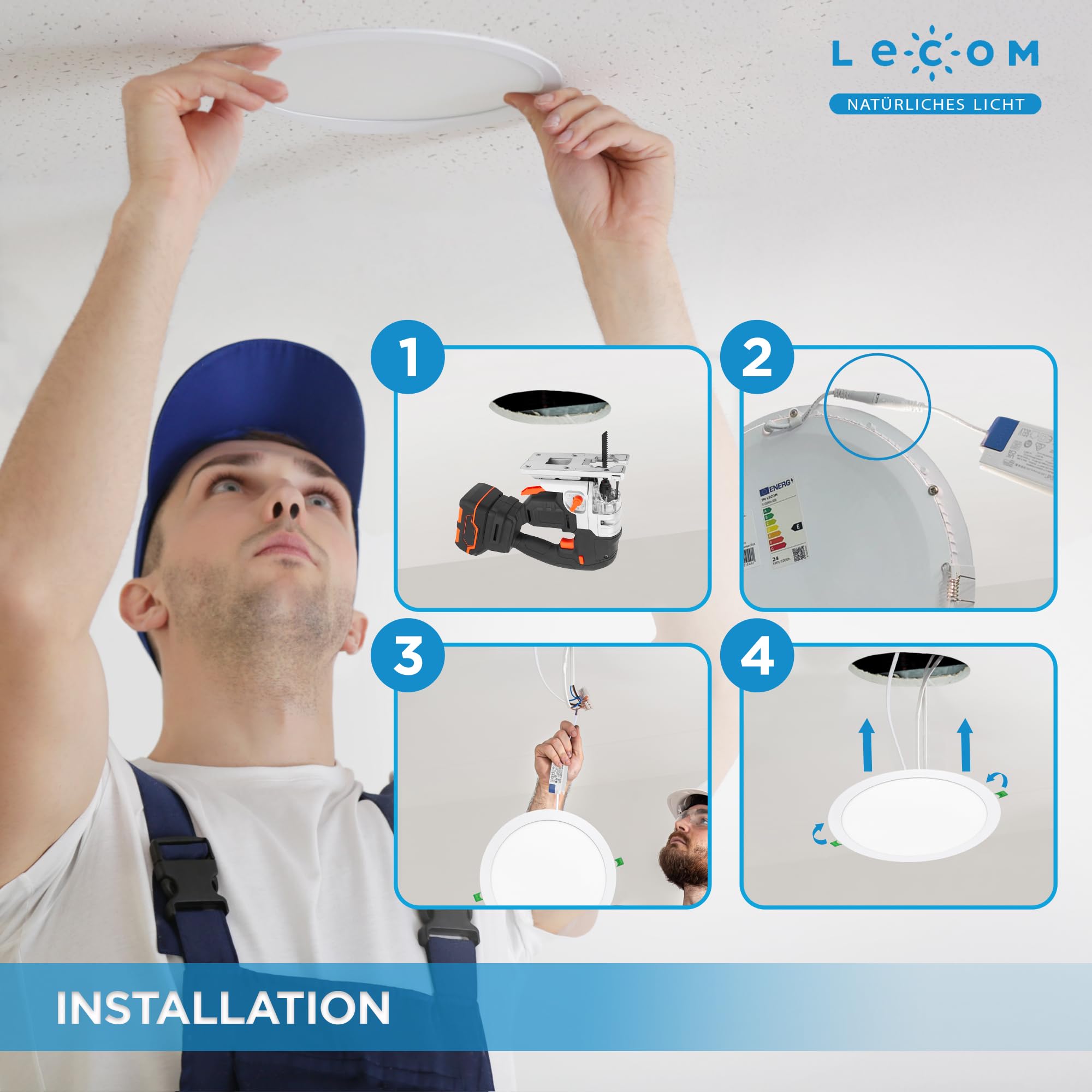 LECOM 10x LED Einbaustrahler Rund 24W Warmweiß CRI90 300mm Durchmesser | LED Deckenstrahler für gemütliche Atmosphäre und hohe Farbtreue in Wohnzimmer, Schlafzimmer sowie Café, Lounge, Restaurant.