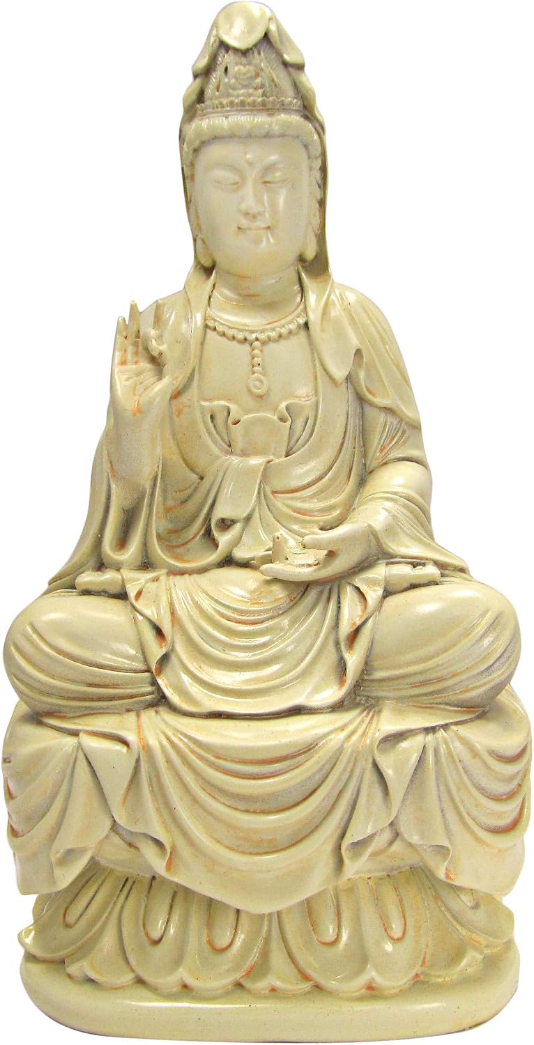 7 Inch Cream Toned Cold Cast Resin"Seated Meditating Kuan Yin, Small