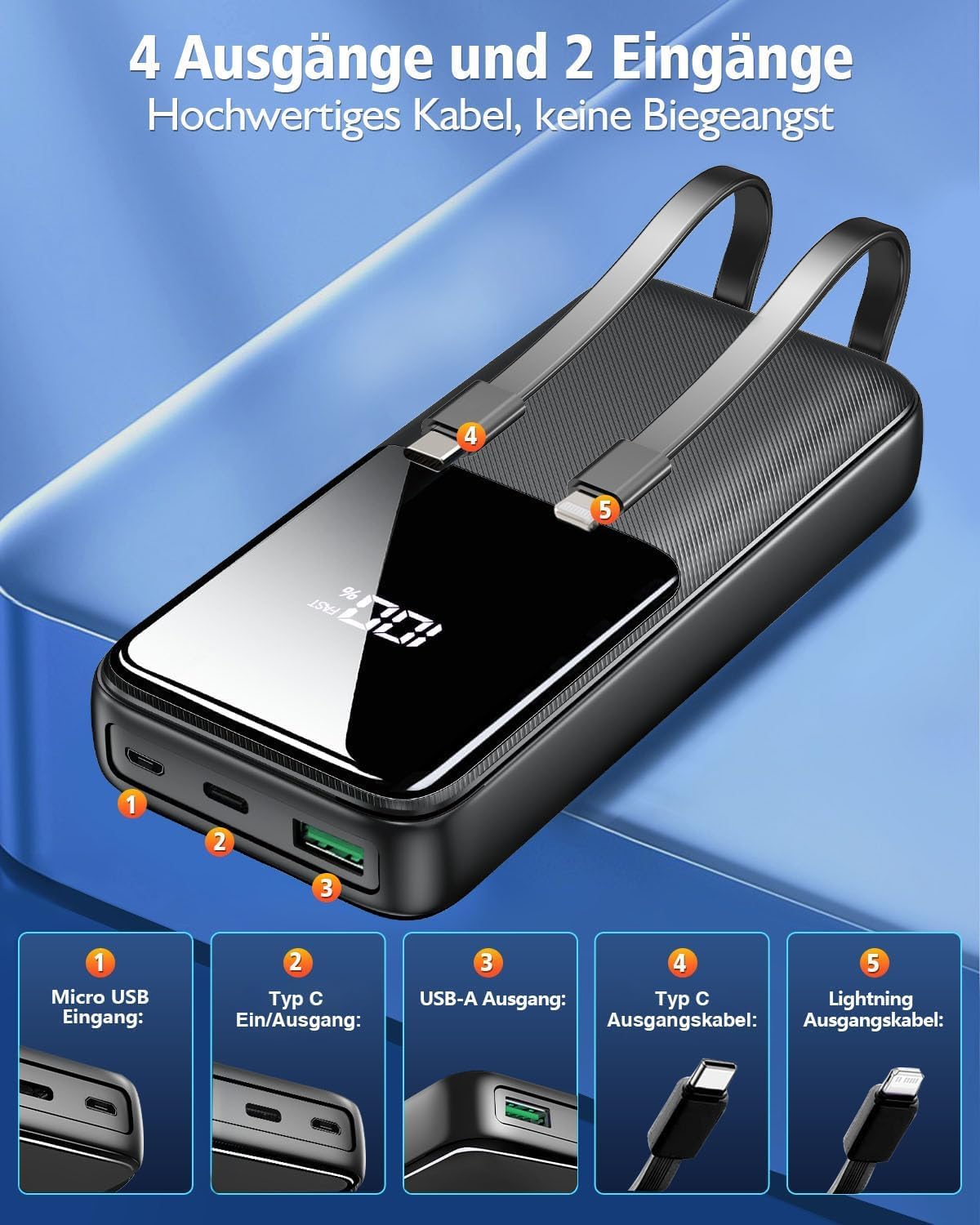 Power Bank 26800mAh, 22,5W USB C Schnellladung Powerbank mit 3 Anschlüssen & 2 integrierten Kabeln, Externer Akku Tragbares Ladegerät Kompatibel mit iPhone 17 16 15 14 13 Android, Schwarz