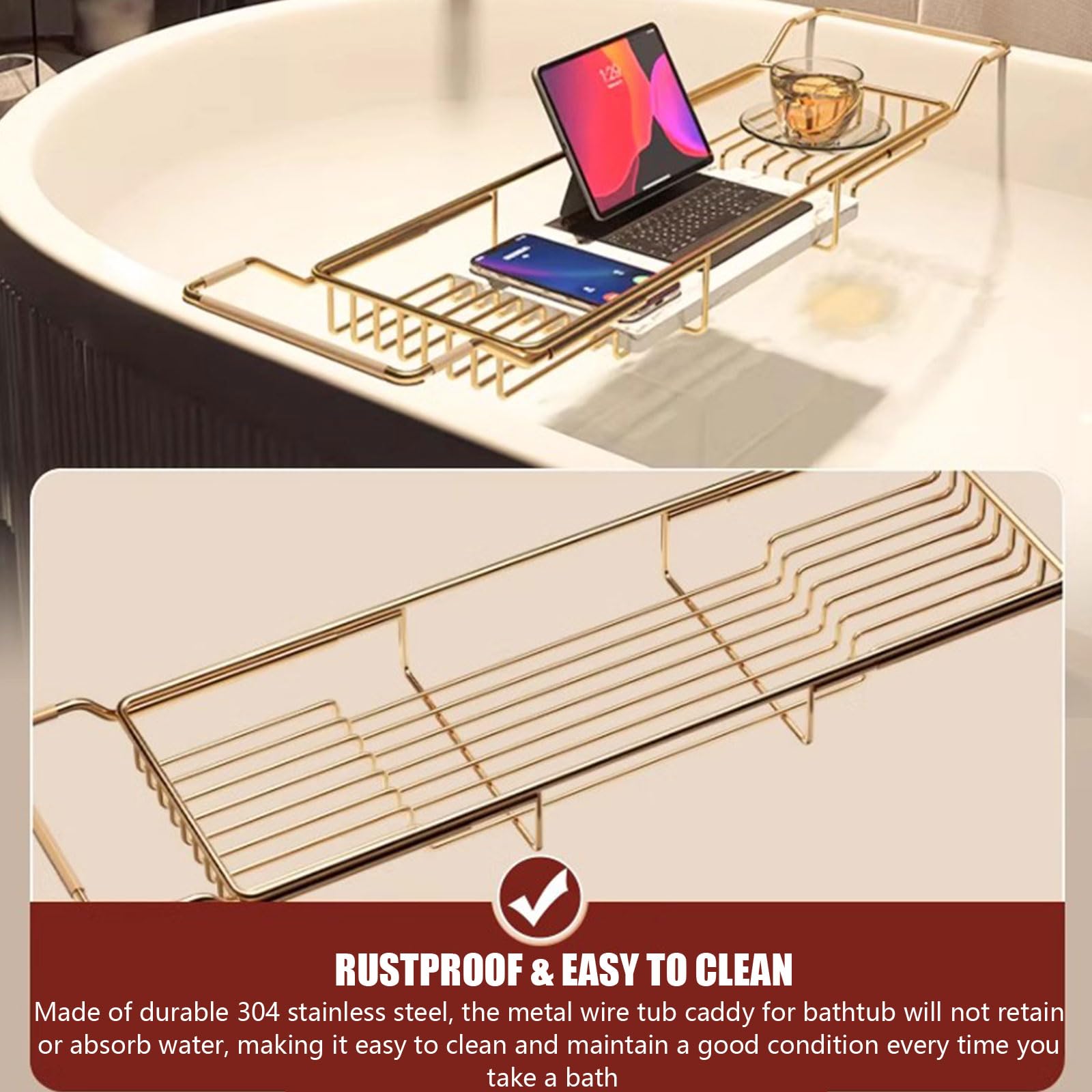 HOMEry - Bandeja para bañera extensible de acero inoxidable con tabla de cortar de mármol, perfecta para relajar baños, experiencia de spa y comida y bebida