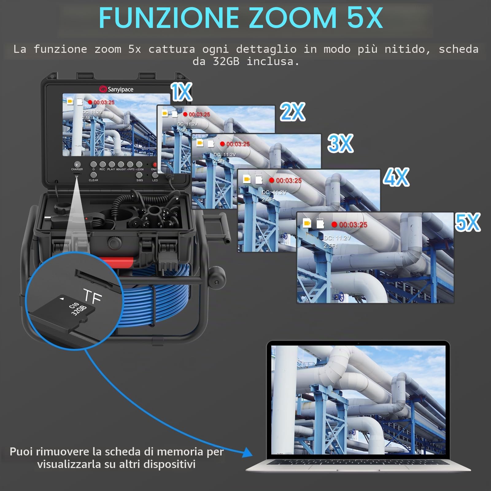 Telecamera per Ispezione tubi 30M,Sanyipace Telecamera di Ispezione tubi con DVR,IP68 Telecamera per Fognatura Impermeabile,Schermo Colori da 9" con Contatore di Distanza,Professionale Video Ispezione