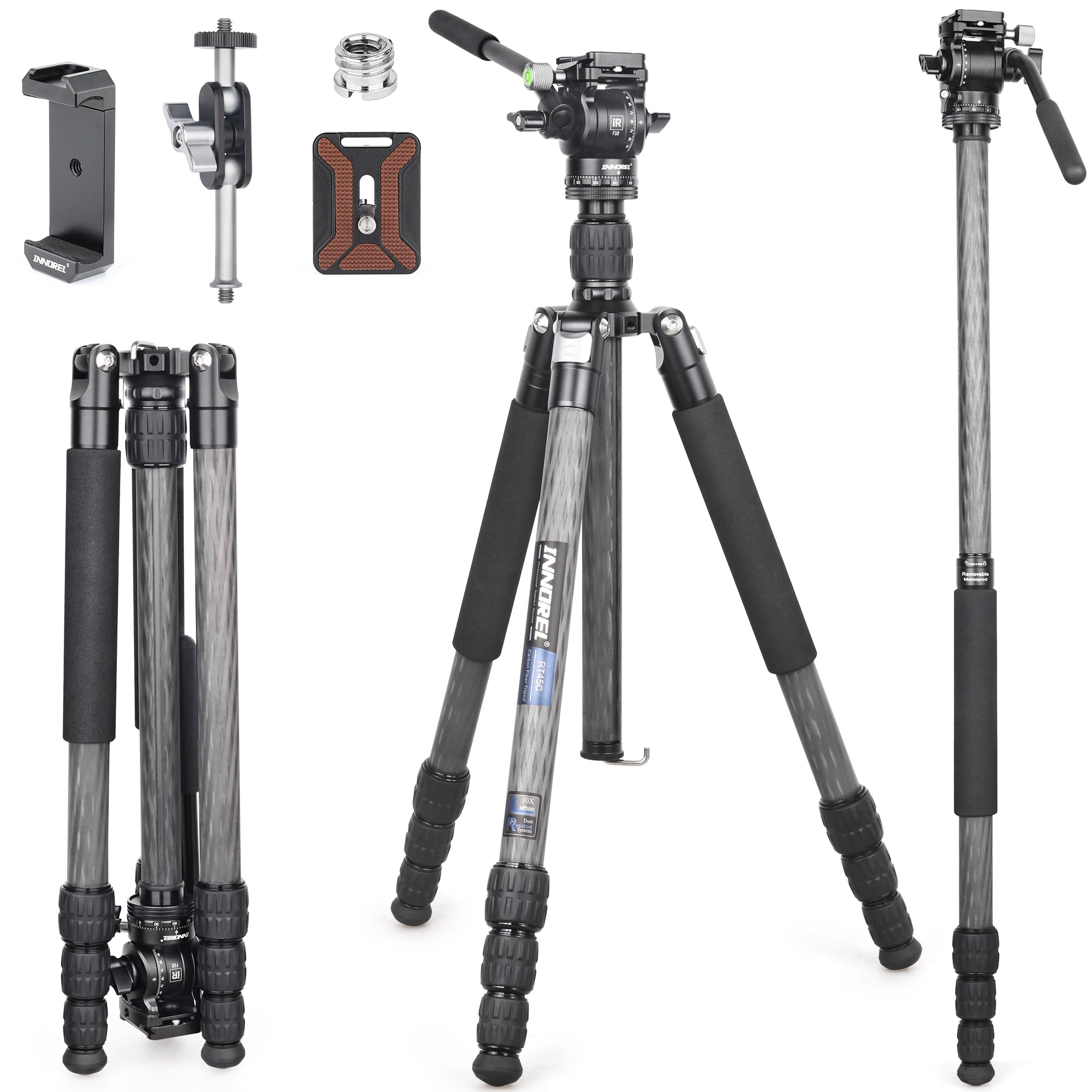 INNOREL RT45C+F10 - Trípode portátil de fibra de carbono de 10 capas profesional, compacto, ligero, trípode para cámara réflex digital, videocámara con mini cabezal de video fluido de amortiguación