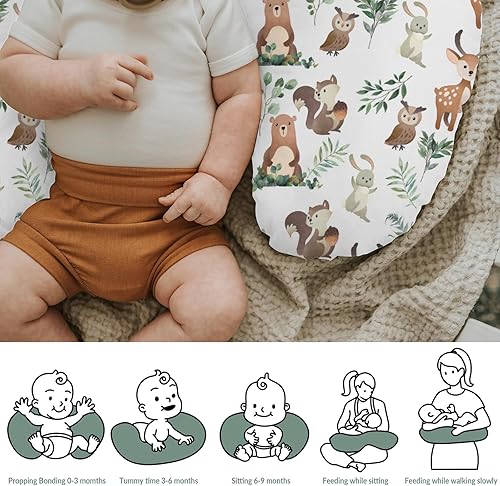 Miniatura 6 de Fundas de almohada de lactancia con diseño de animales lindos y hojas verdes para niños y niñas, osos, ciervos, ardilla, mapache, búho, hojas, funda