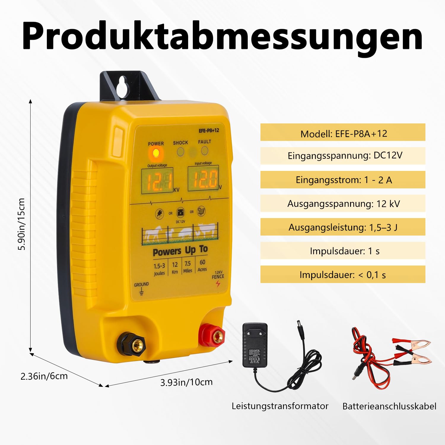 12 V Valla eléctrica con indicador LED, 1,5 – 3 julios, resistente al agua, sensor de corriente eléctrico, alcance 10 km, vallador eléctrico para ganado, ovejas, aves de corral y ganado