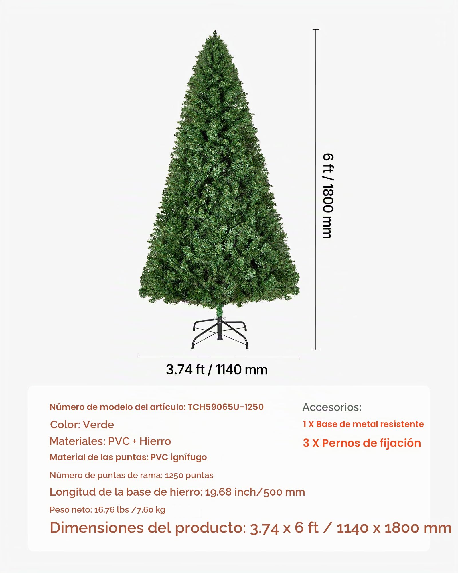 VEVOR Árbol de Navidad Artificial, Decoración de Interiores 180 cm con 1250 Ramas de PVC Ignífugo y Base de Metal, Ideal para Salón, Dormitorio, Centro Comercial, Parque y Oficina, Verde