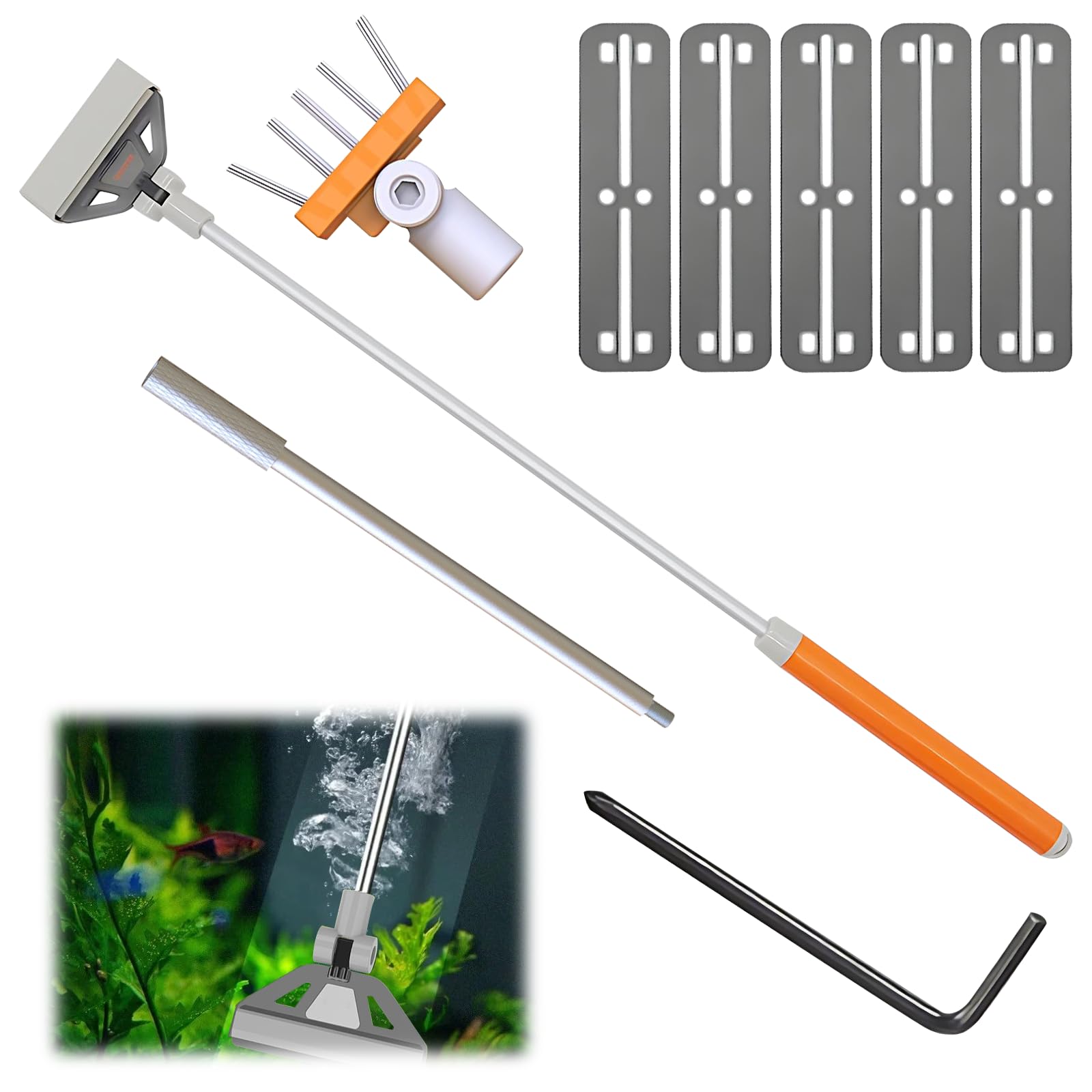 Aquarium Algae Scraper for Glass, 2 in 1 Fish Tank Cleaner Kit with Brush & 5 Stainless Steel Blades, Adjustable brush head angle - Aquarium Glass Cleaner Cleaning Tool Set for Reef Plant Tanks