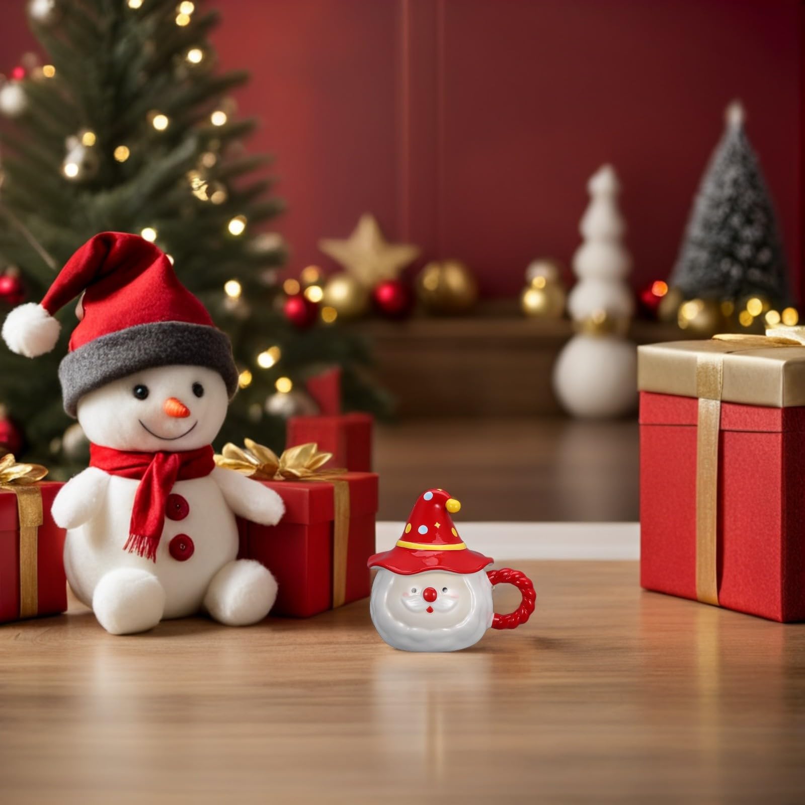 Housoutil Taza de Café Navideña con Tapa en Forma de Gorro, Taza de Cerámica 3d de Papá Noel.