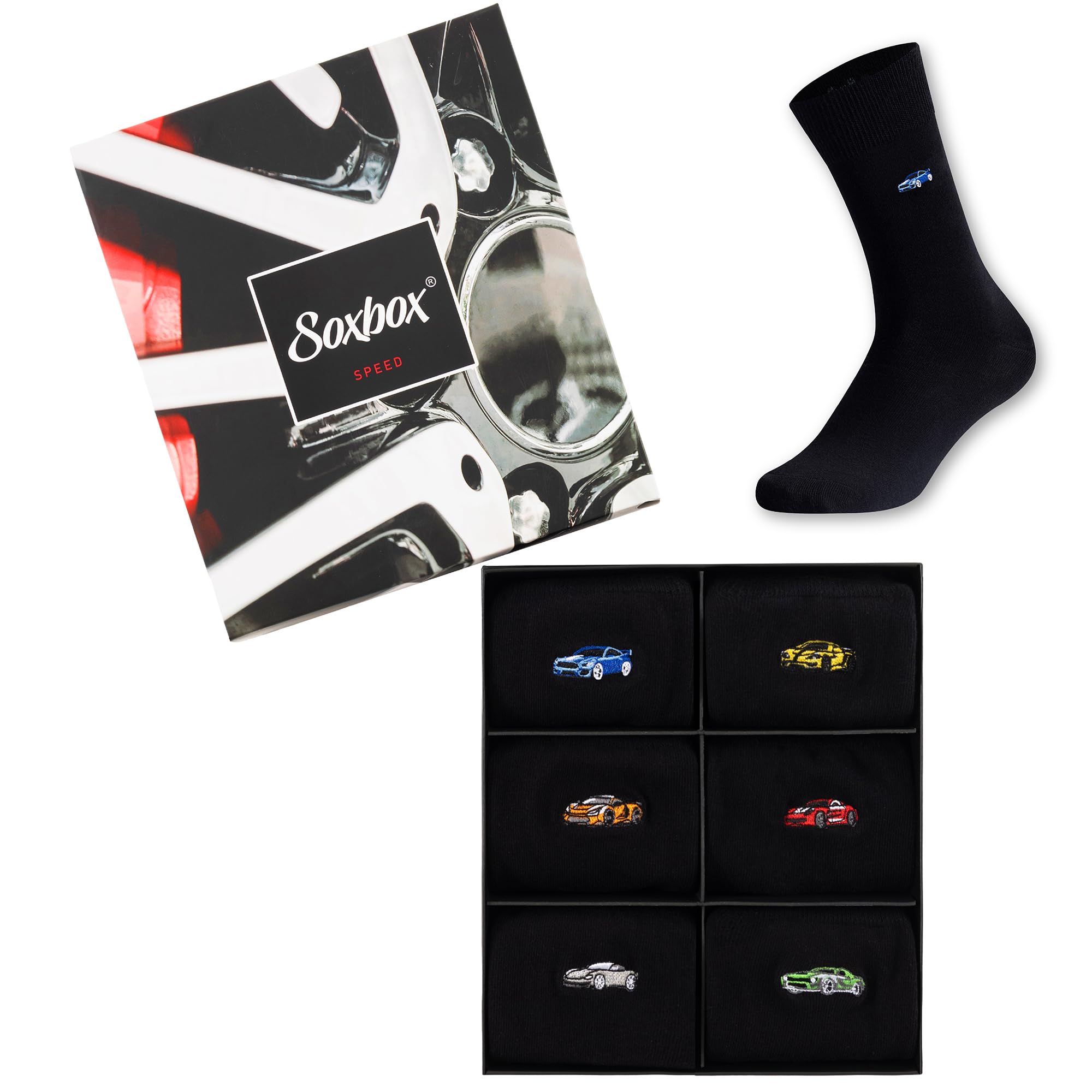 The Essentials Wardrobe Men's 6 Pack Black Cars 6Pk Embroidery Socks - Uk 9-12/Eu 43-47 - Black
