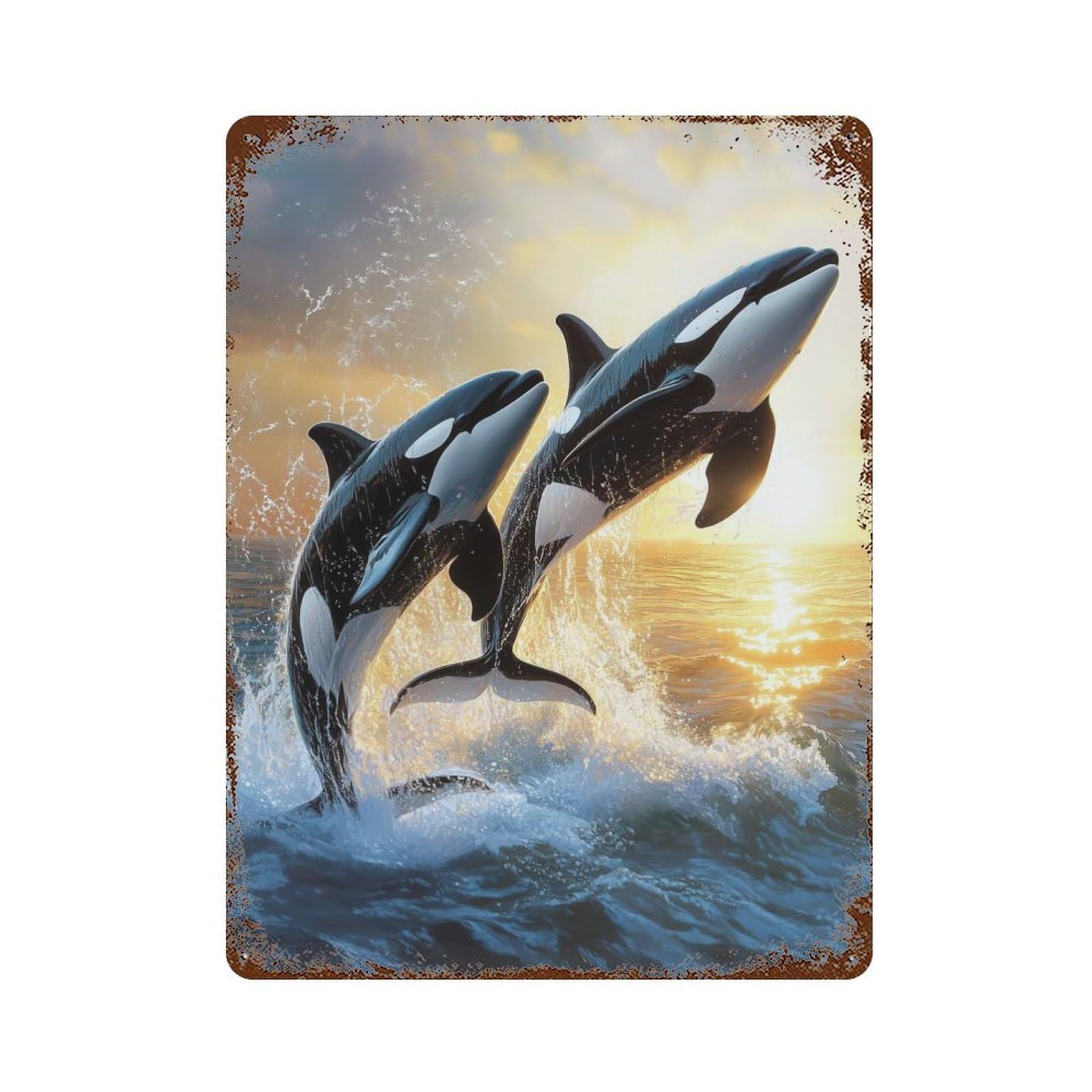 Orcas Leaping at Sunset Weathered Tin Sign 15.7"x11.8", Retro Wall Decor for Pub, Kitchen And Man Cave Decor