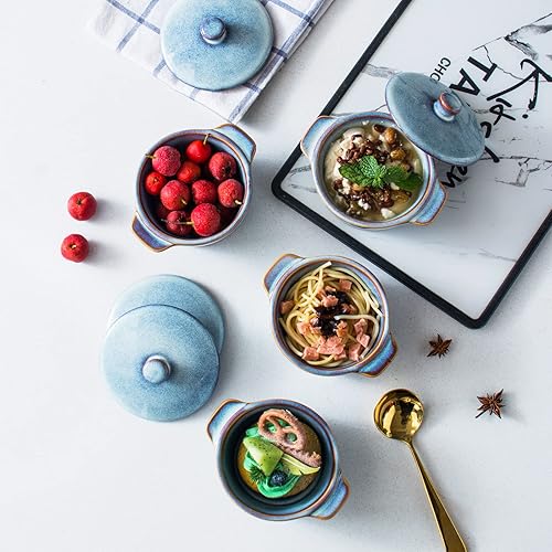 Miniatura 4 de UNICASA Juego de 4 moldes de cerámica de 8 onzas con tapa, mini cazuela con asas, plato pequeño de porcelana, apto para horno de cocotte pequeño,