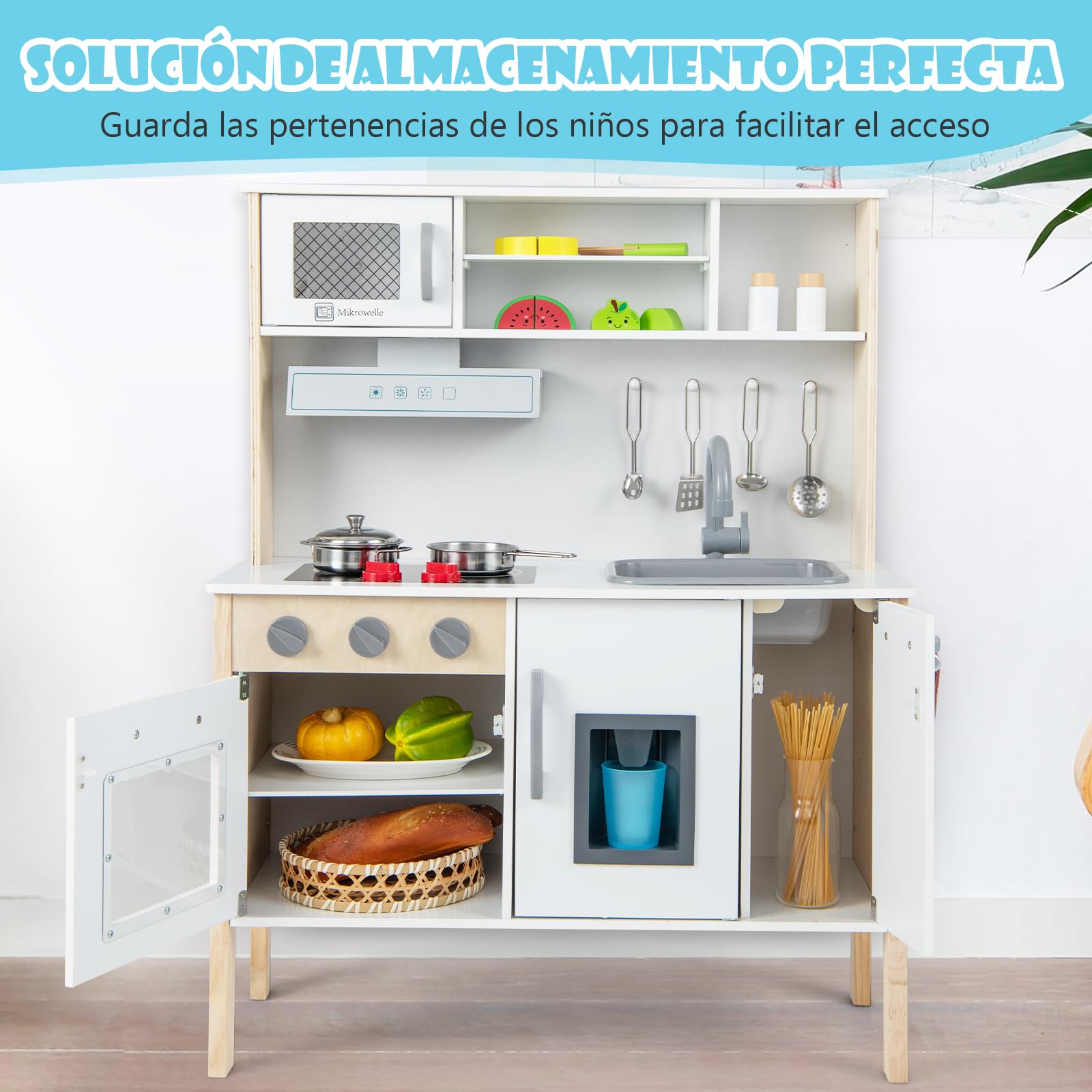 COSTWAY Cocina de Juguete para Niños, Cocinita Infantil de Madera con Microondas, Campana Extractora, Estufas, Fregadero de Juguete, Horno, Fabricador de Hielo y 18 Accesorios (Blanco)