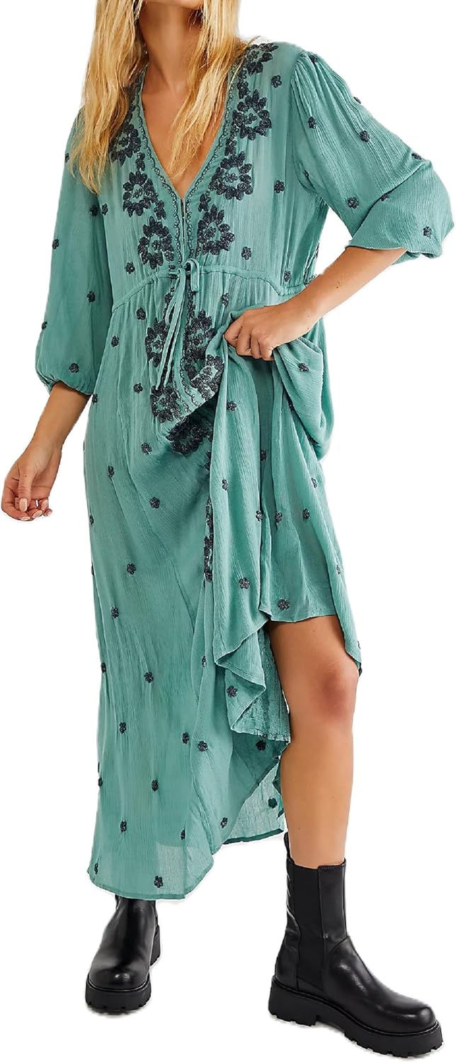Women Boho Floral Maxi Dress Puff Sleeve V Neck Long Dress Bohemian Flowy Tiered Dress Loose Fit Shirt Dress