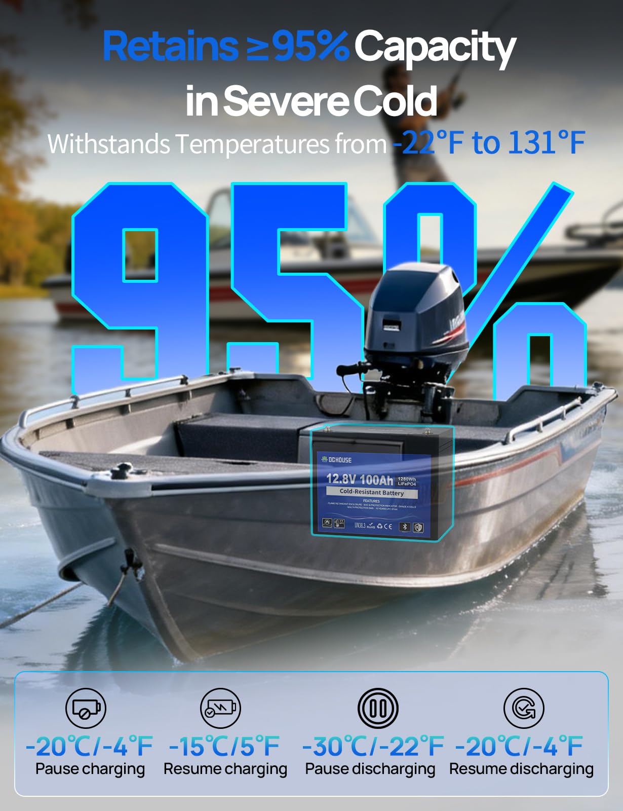 DC HOUSE 12V 100AH Cold-Resistant Lithium Trolling Motor Battery w SOC Status Indicators L-Temp Discharge Down to -22 — view 3