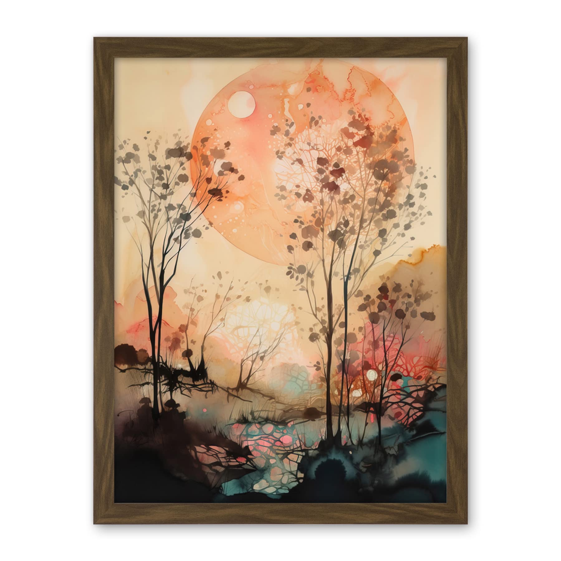 Artery8 Misty Riverside Trees Sunset Landscape Modern Boho Watercolour Painting Artwork Framed Wall Art Print 18X24 Inch