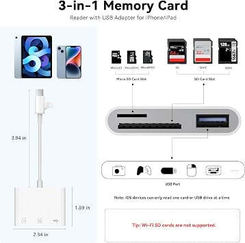 SD Card Reader for iPhone iPad, Micro SD Card Reader Memory Card Reader with USB Adapter Plug and Play Trail Game Camera Card Viewer Supports SD and TF Card No App Required